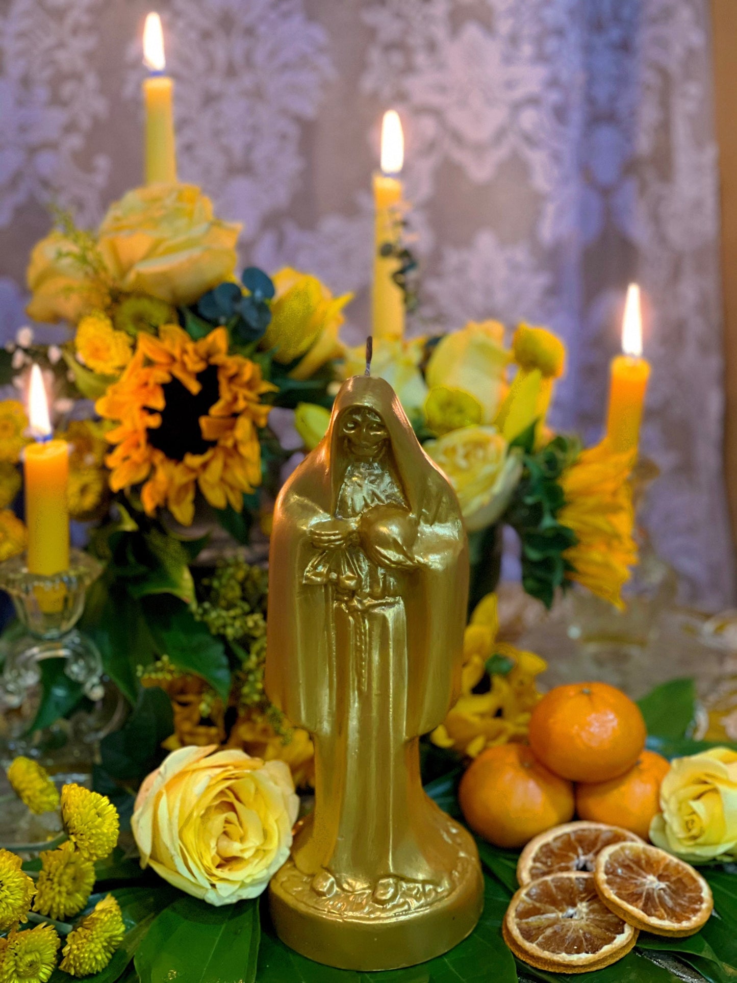 Bougie Santa Muerte Dorada / Oro + Bienheureux + Or 24 carats + Argent + Abondance