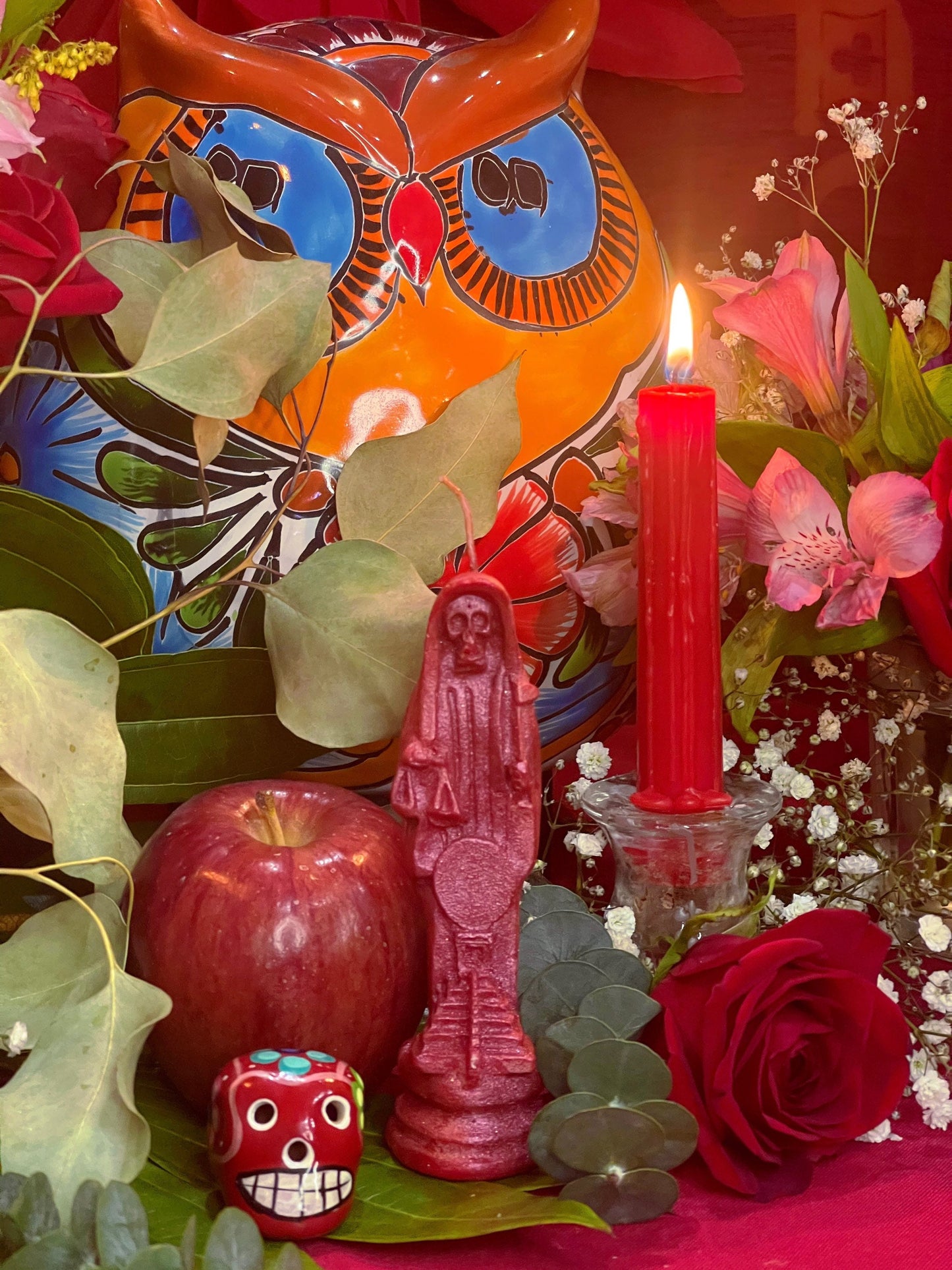 Santa Muerte Roja Figure Candle + Blessed + Love + Money + Justice