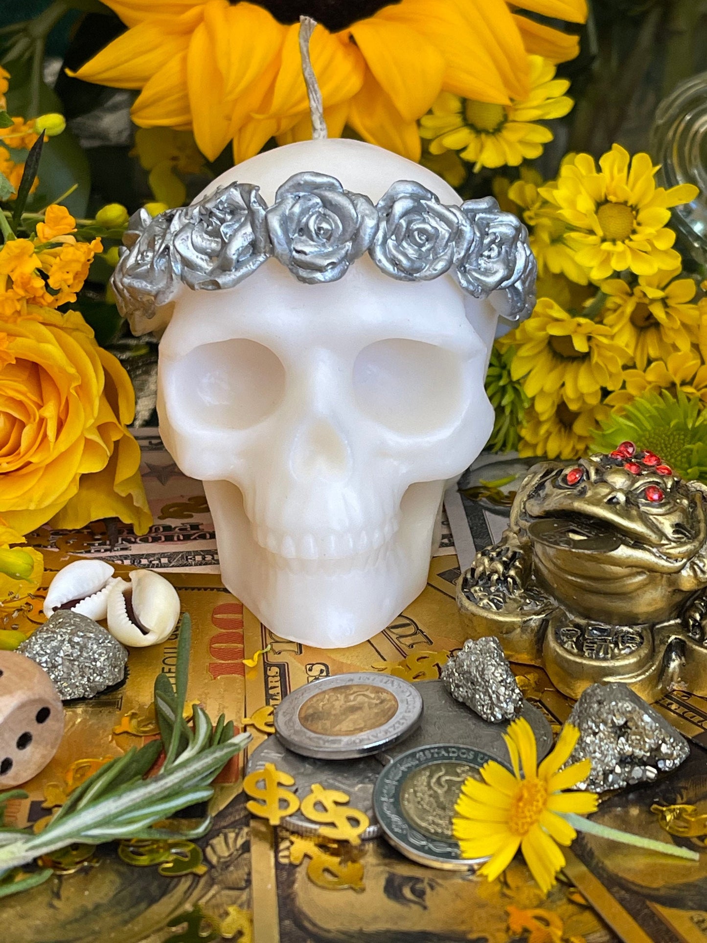 Skull Candle with Silver Roses + Hand Painted