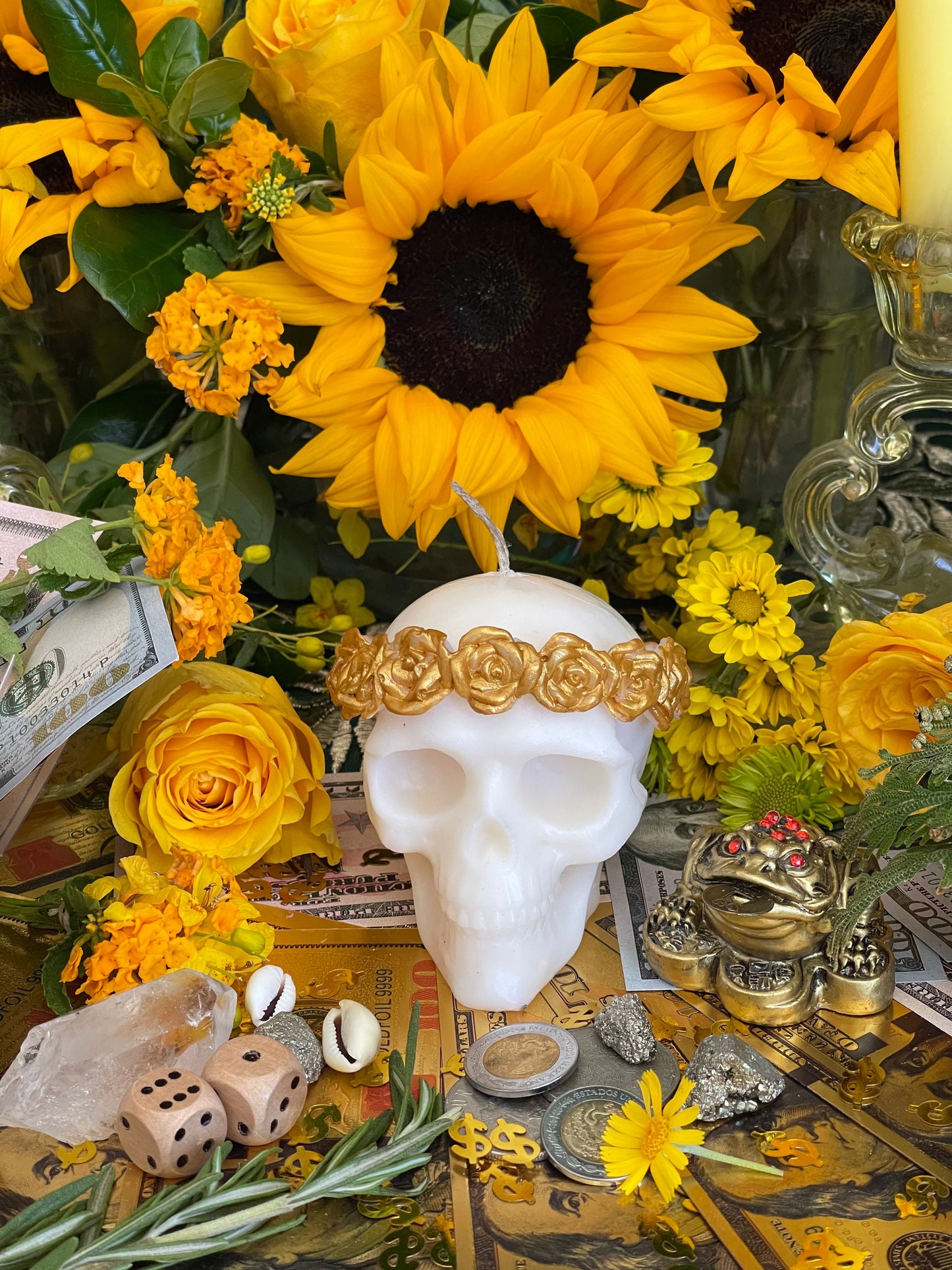 Skull Candle with Gold Roses + Hand Painted