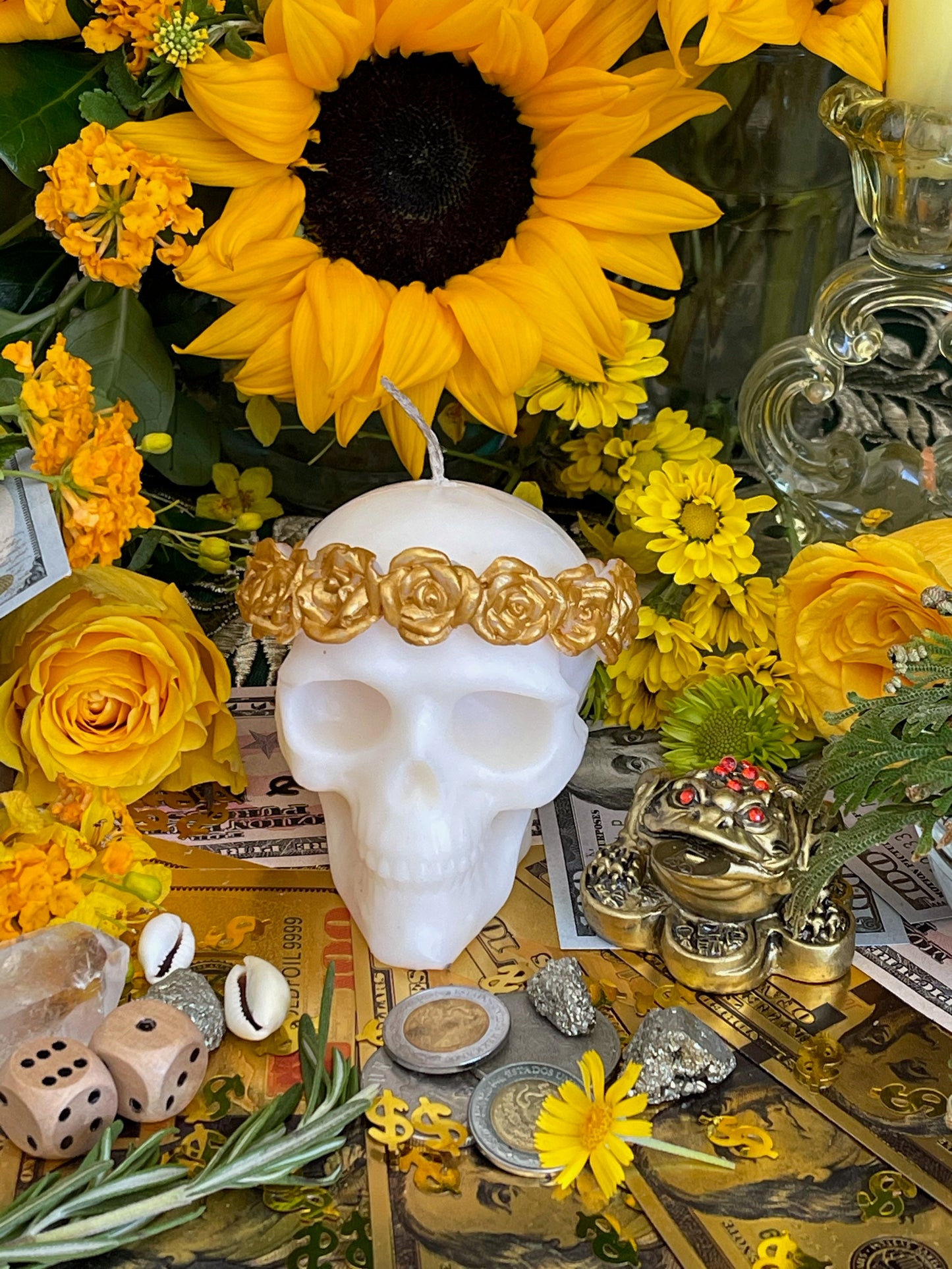 Skull Candle with Gold Roses + Hand Painted
