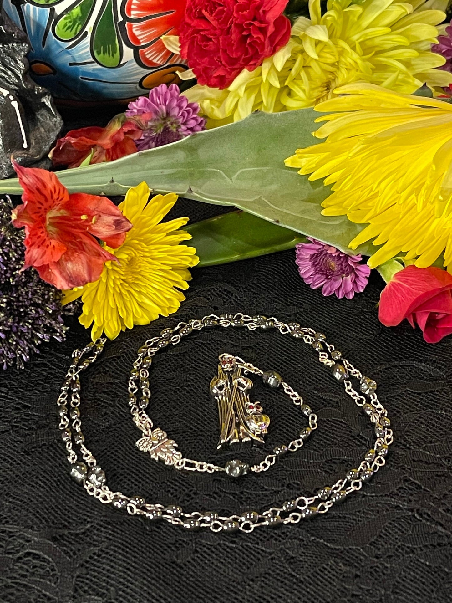 Santa Muerte Negra Hematite Rosary + Sterling Silver Plated Chain + Handcrafted + Gemstone + Rosario