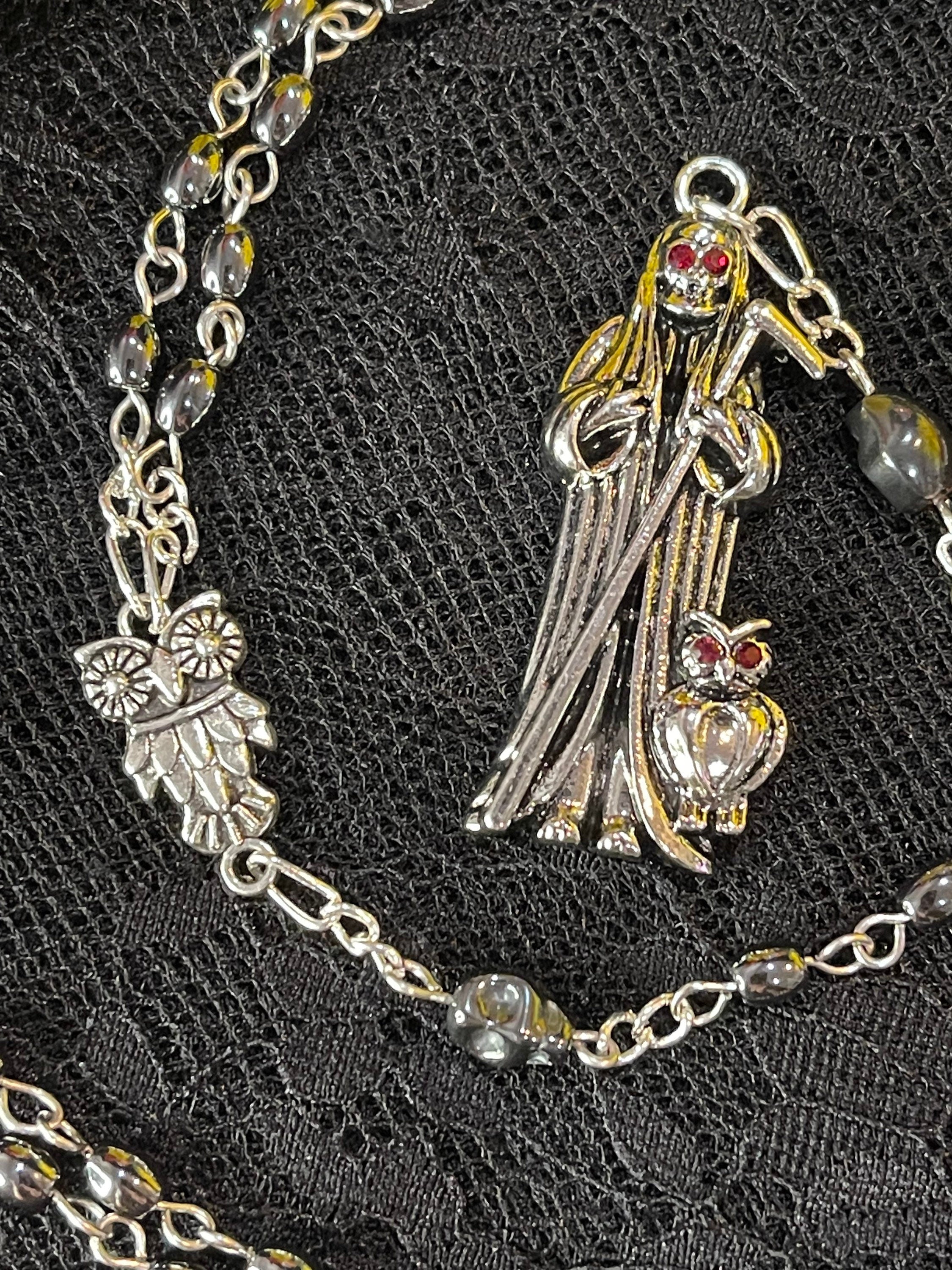 Santa Muerte orders Negra Hematite Rosary + Sterling Silver Plated Chain + Handcrafted + Gemstone + Rosario