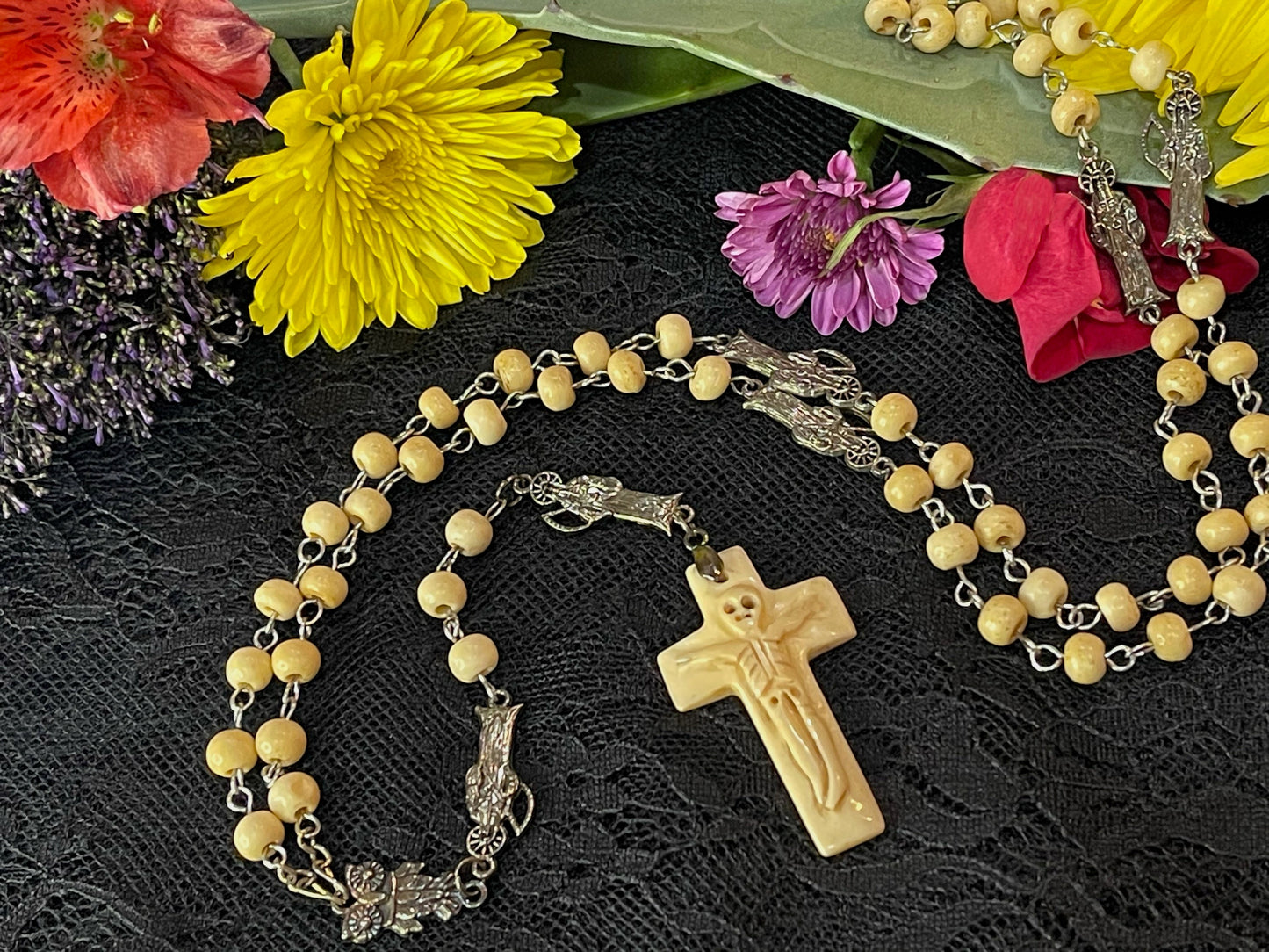 Santa Muerte Huesa Rosary with Bone Beads & Cross + Blessed + Sterling Silver Plated Chain + Handcrafted + Rosario