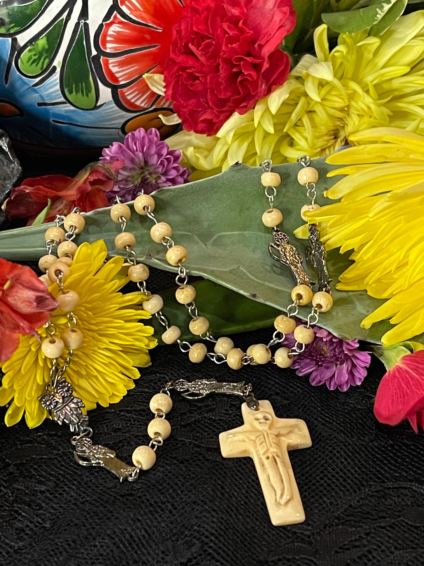 Santa Muerte Huesa Rosary with Bone Beads & Cross + Blessed + Sterling Silver Plated Chain + Handcrafted + Rosario