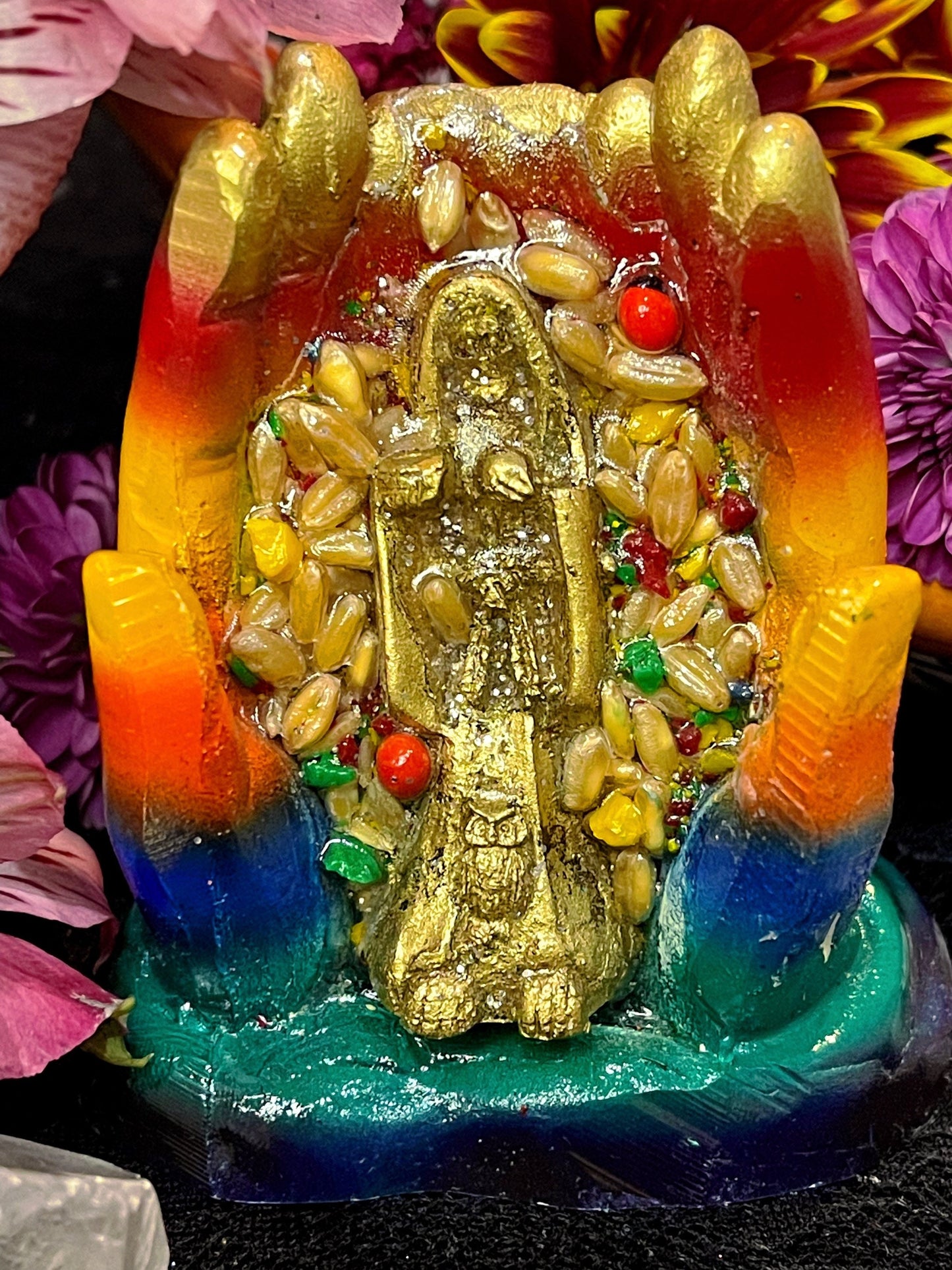 Santa Muerte Siete Colores Hands Statue + 24K Gold + Blessed + Fixed + Made in Mexico