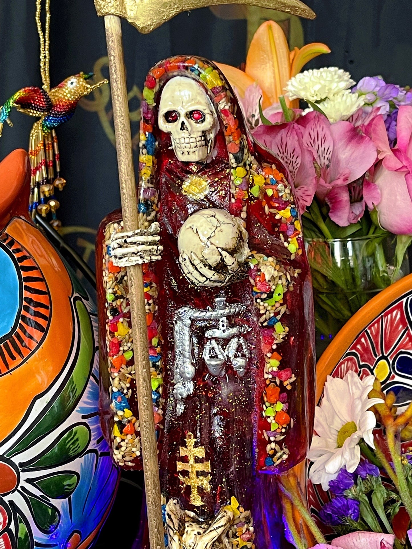 LIGHTS UP! Santa Muerte Roja Statue + Love + Money + Justice + 24K Gold Leaf + Baptized + Fixed + Made in Mexico