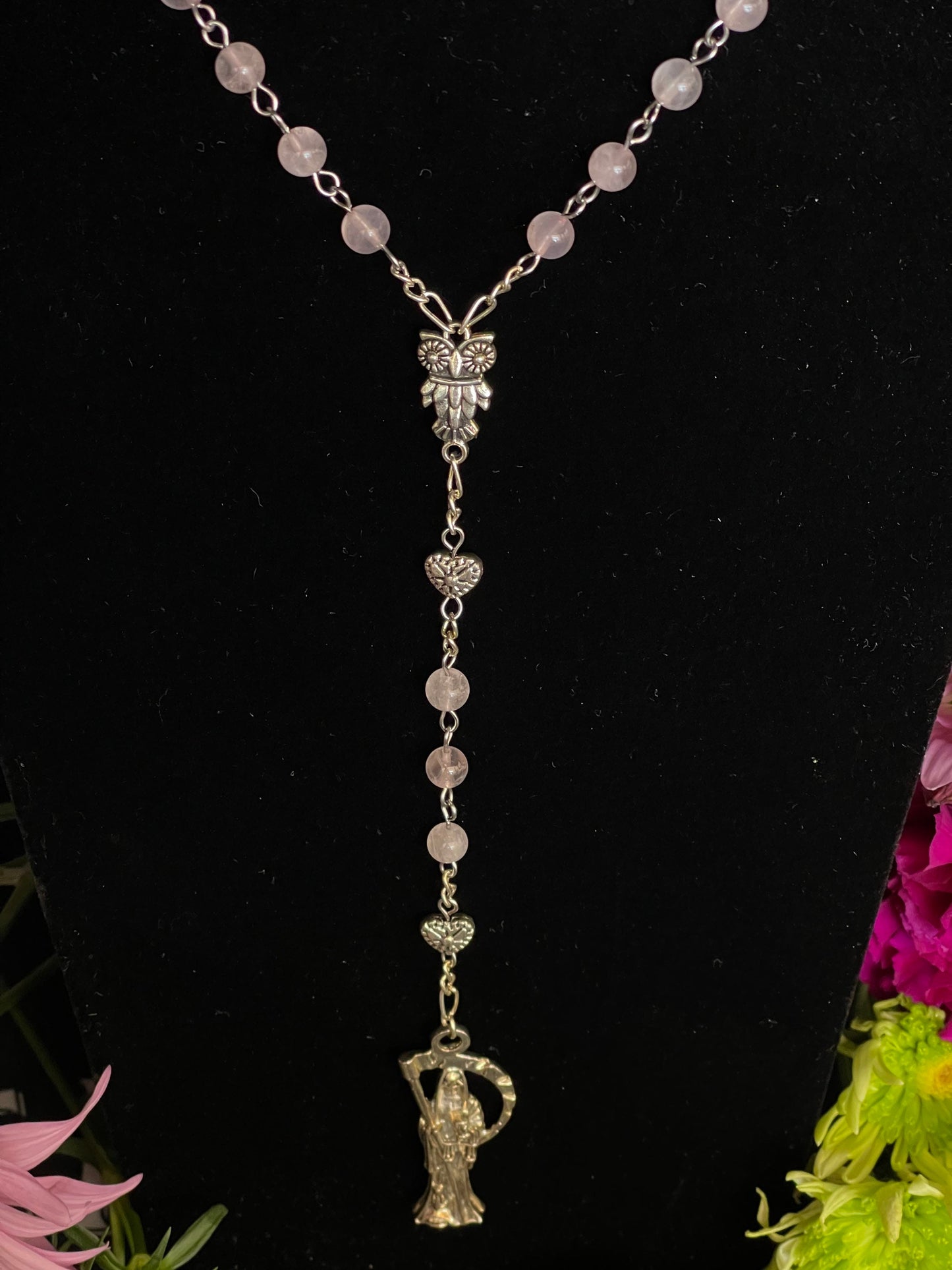 Santa Muerte Rosada Rose Quartz / Pink Rosary + Transparent + Sterling Silver Plated Chain + Handcrafted + Gemstone + Rosario