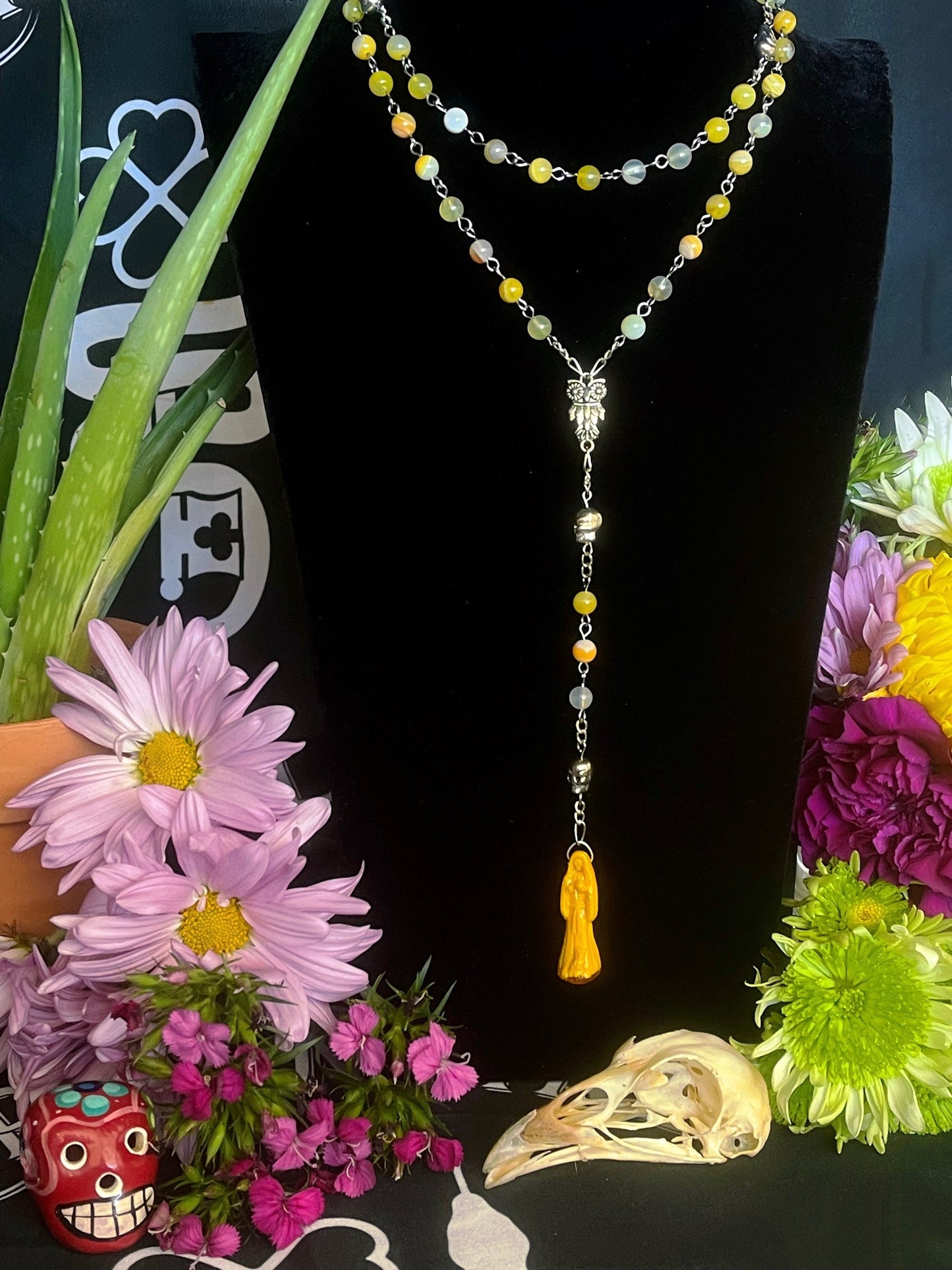 Santa Muerte Amarilla Rosary + Yellow Agate + Blessed + Handcrafted + Gemstone + Sterling Silver Plated Chain + Rosario