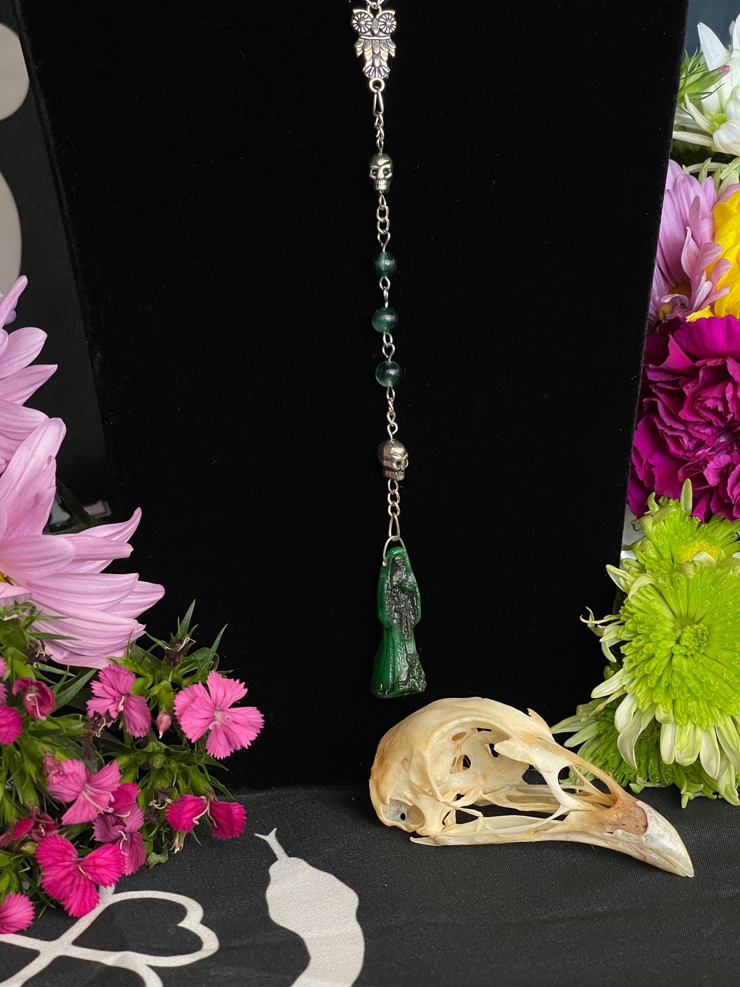 Santa Muerte Verde Rosary + Moss Agate + Blessed + Sterling Silver Plated Chain + Handcrafted + Gemstone + Rosario