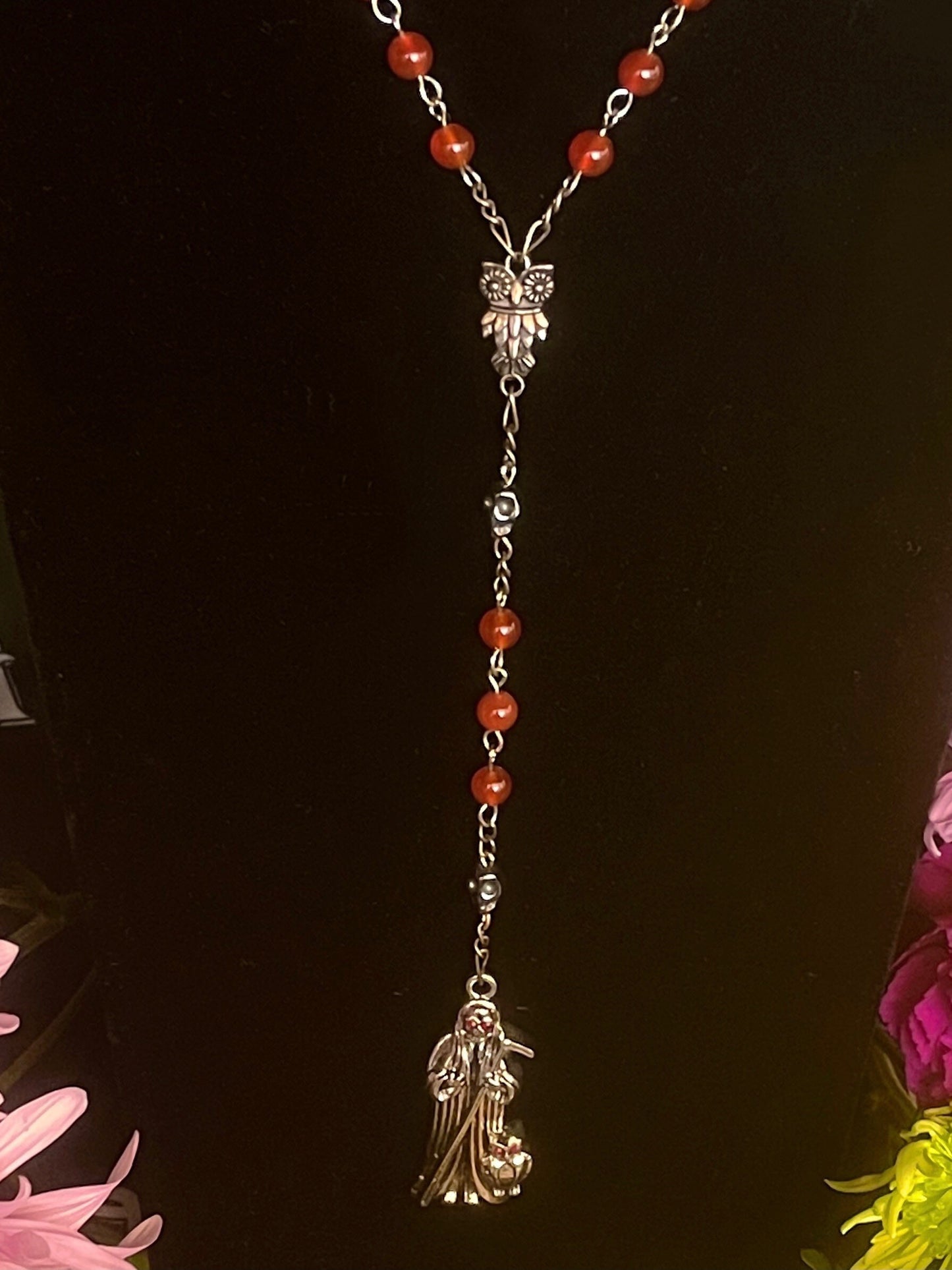 Santa Muerte Roja Rosary + Carnelian + Handcrafted + Gemstone + Sterling Silver Plated Chain + Rosario