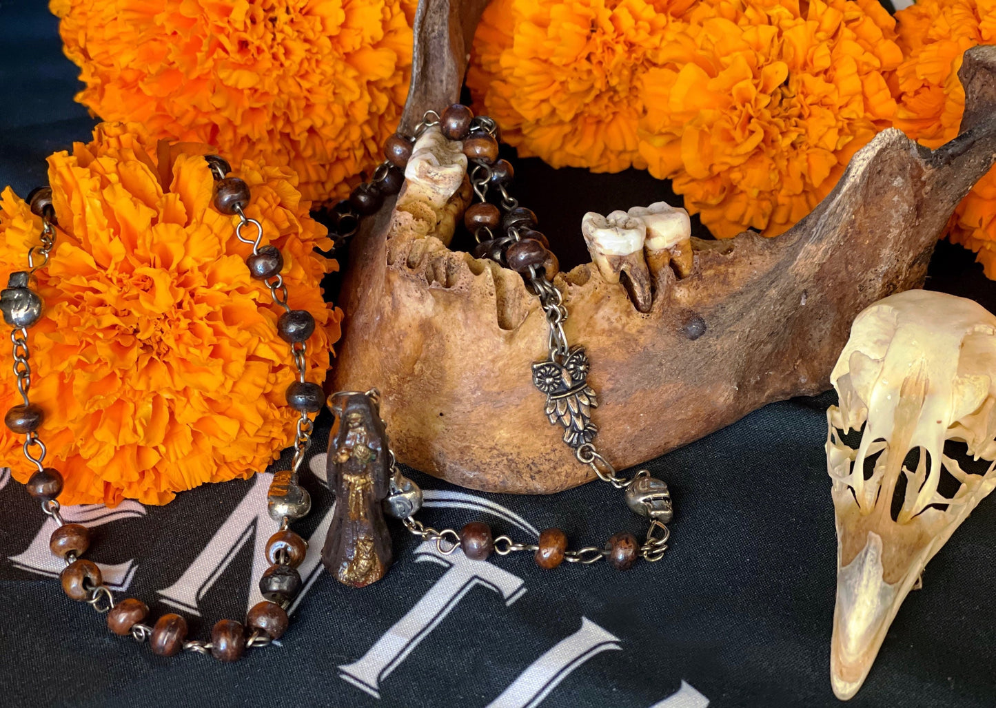 Santa Muerte Marron Rosary with Bone Beads +  Brown + Sterling Silver Plated Chain + Handcrafted + Rosario