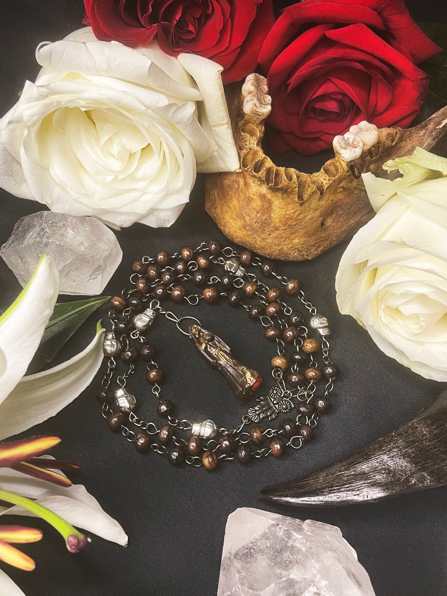 Santa Muerte Marron Rosary with Bone Beads +  Brown + Sterling Silver Plated Chain + Handcrafted + Rosario
