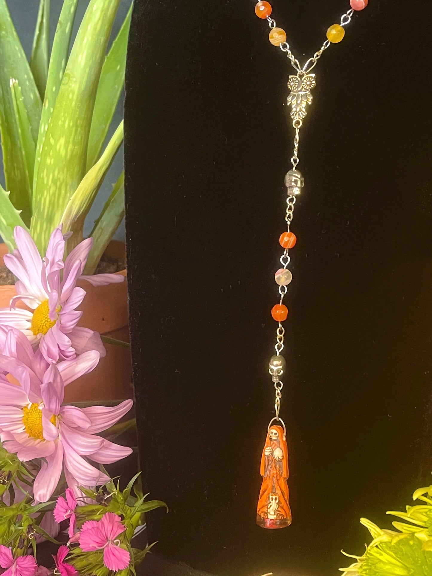Santa Muerte Naranja Rosary + Orange Agate + Blessed + Sterling Silver Plated Chain + Rosario + Gemstone