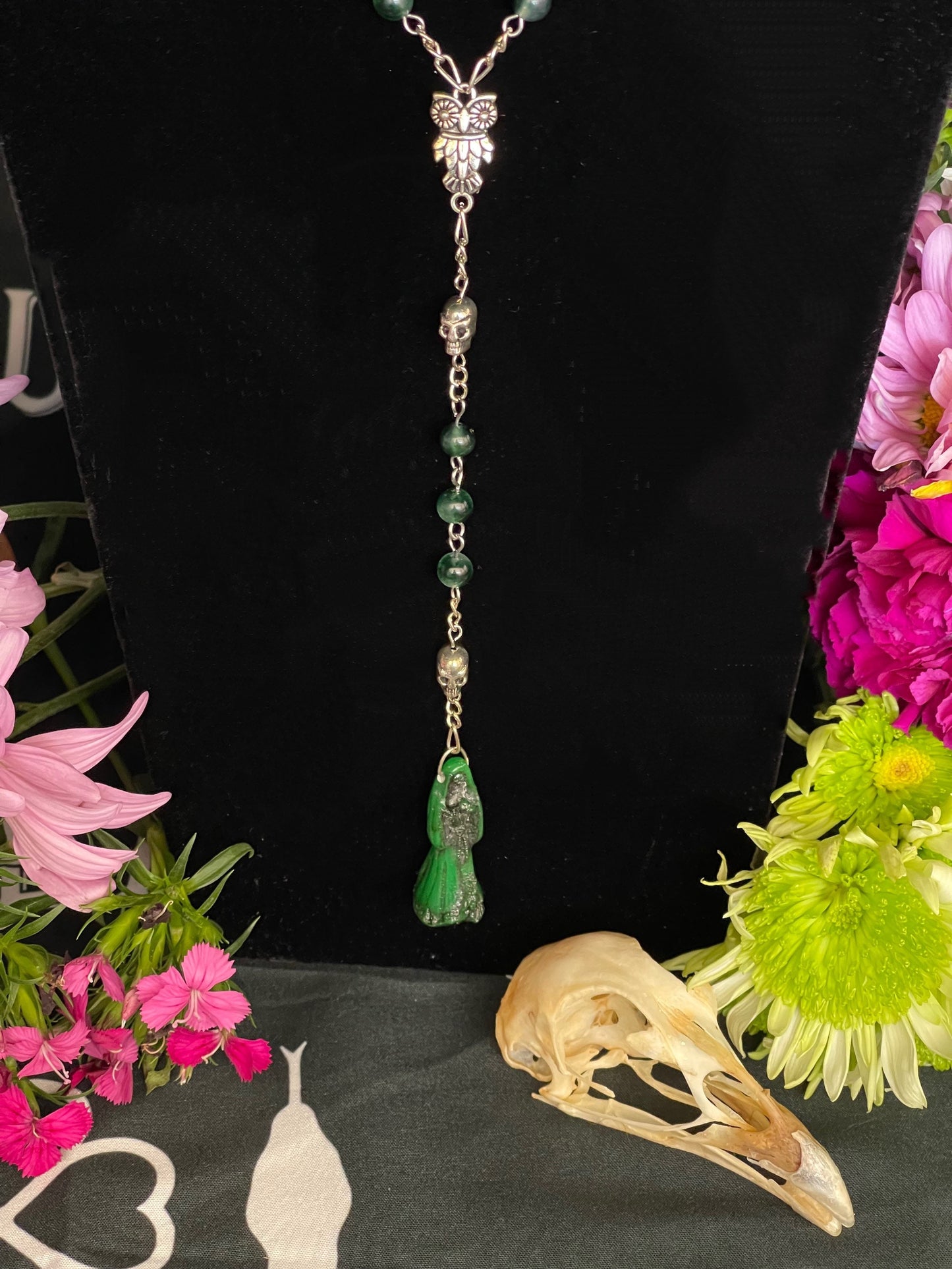 Santa Muerte Verde Rosary + Moss Agate + Blessed + Sterling Silver Plated Chain + Handcrafted + Gemstone + Rosario