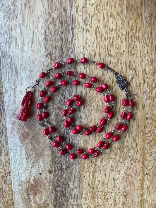 Santa Muerte Roja Rosary + Blessed + Handcrafted + Sterling Silver Plated Chain + Rosario