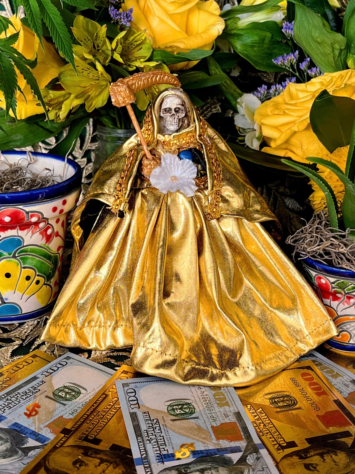Santa Muerte Dorada Statue with Dress + 24K Gold + Baptized + Fixed + Made in Mexico