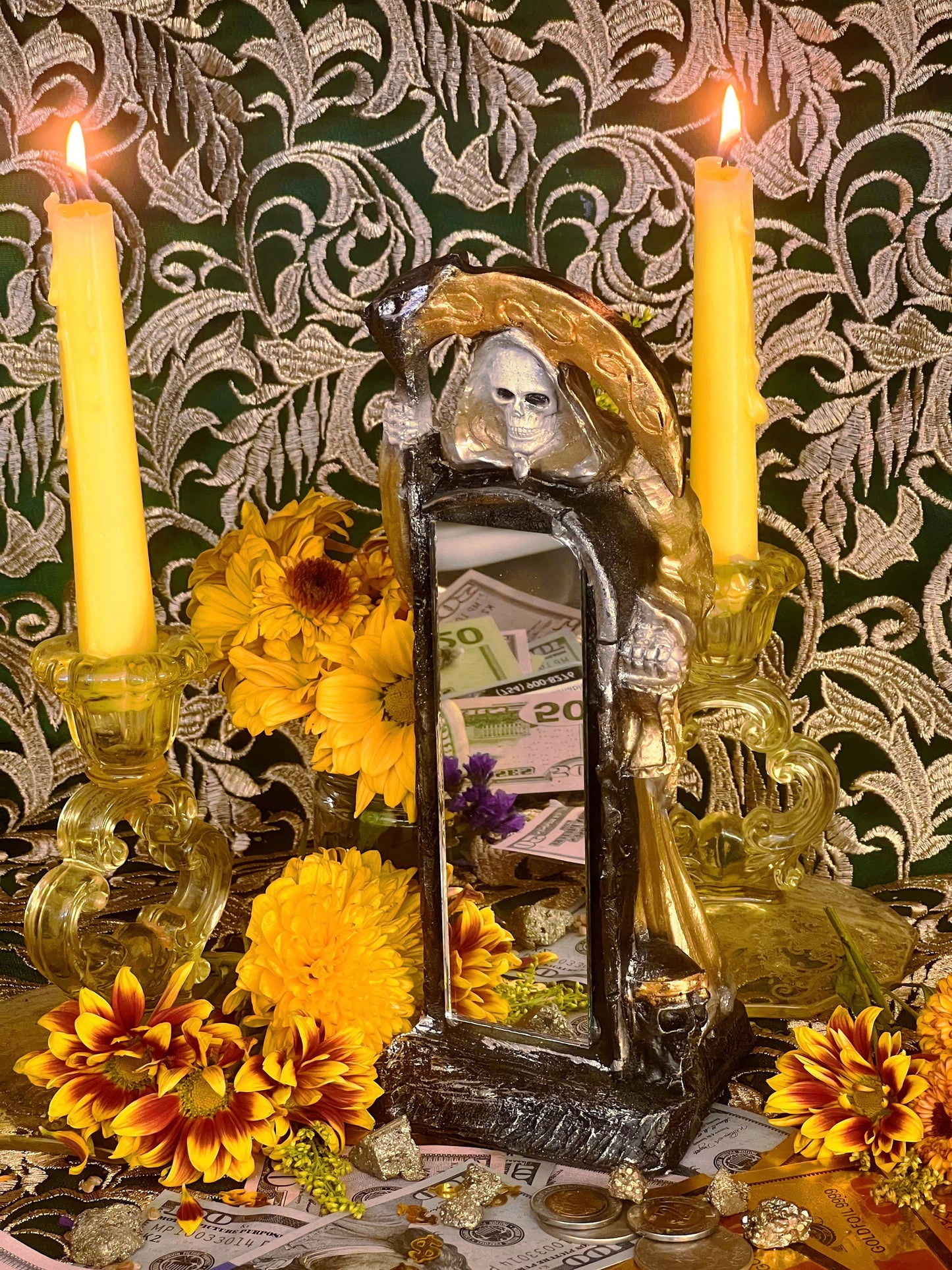 Santa Muerte Dorada Reversing Mirror Statue + Espejo + Baptized + Fixed + Made in Mexico