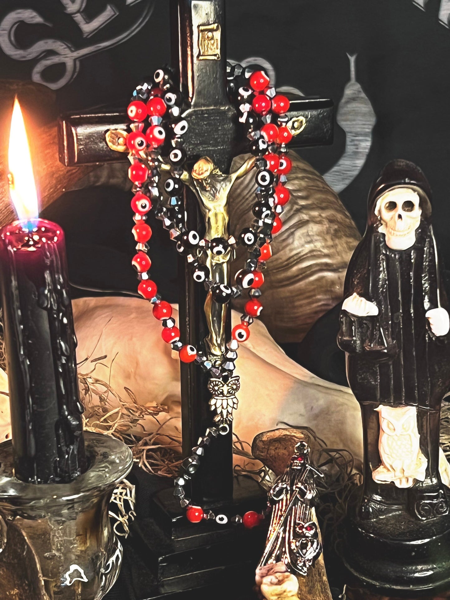 Santa Muerte Negra y Roja Reversing Evil Eye Rosary de Hilo + Handcrafted + Rosario