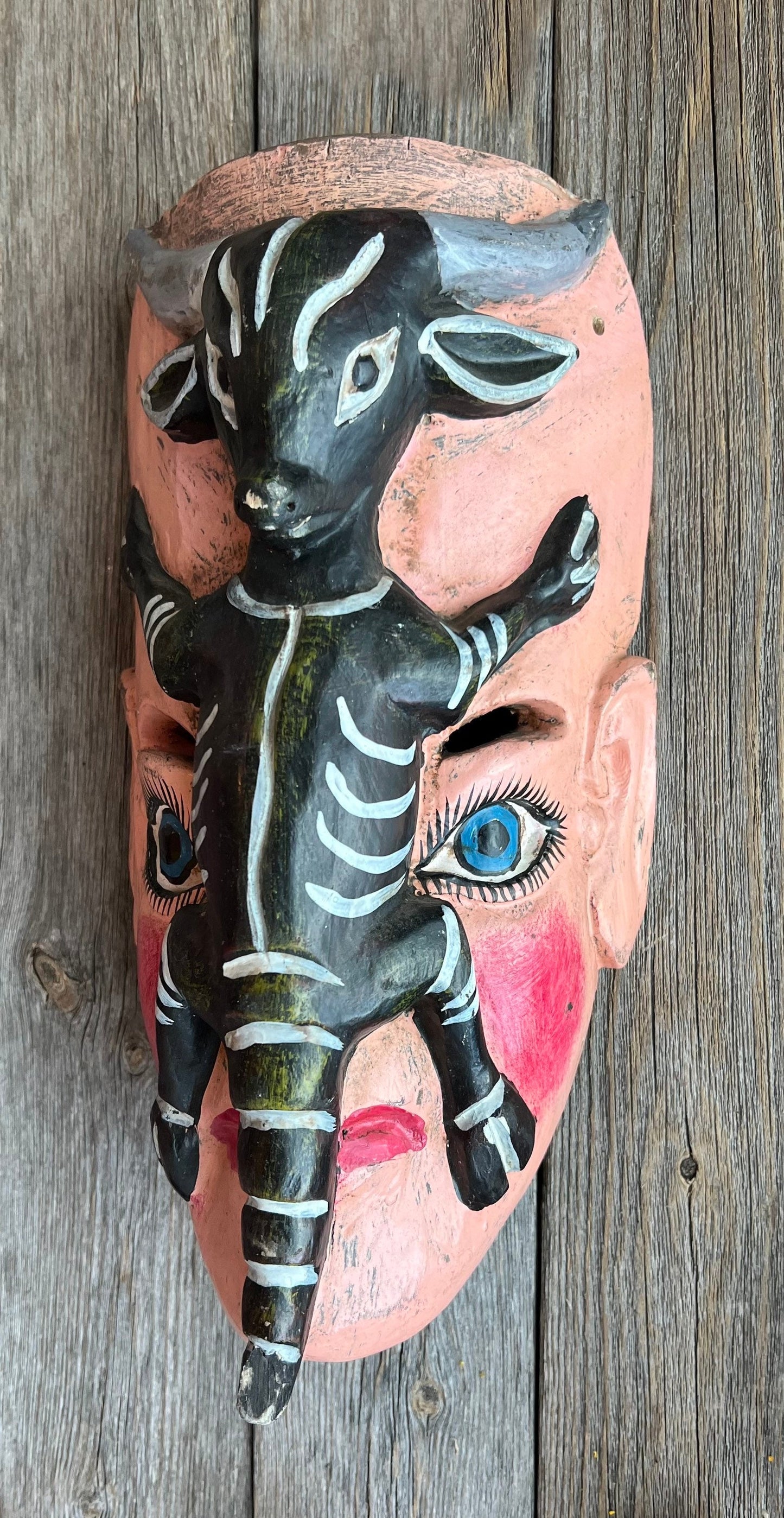 VERY RARE Vintage Goat on Face Altar Mask + Wood + Handcrafted in Mexico + Baphomet + One of a Kind!