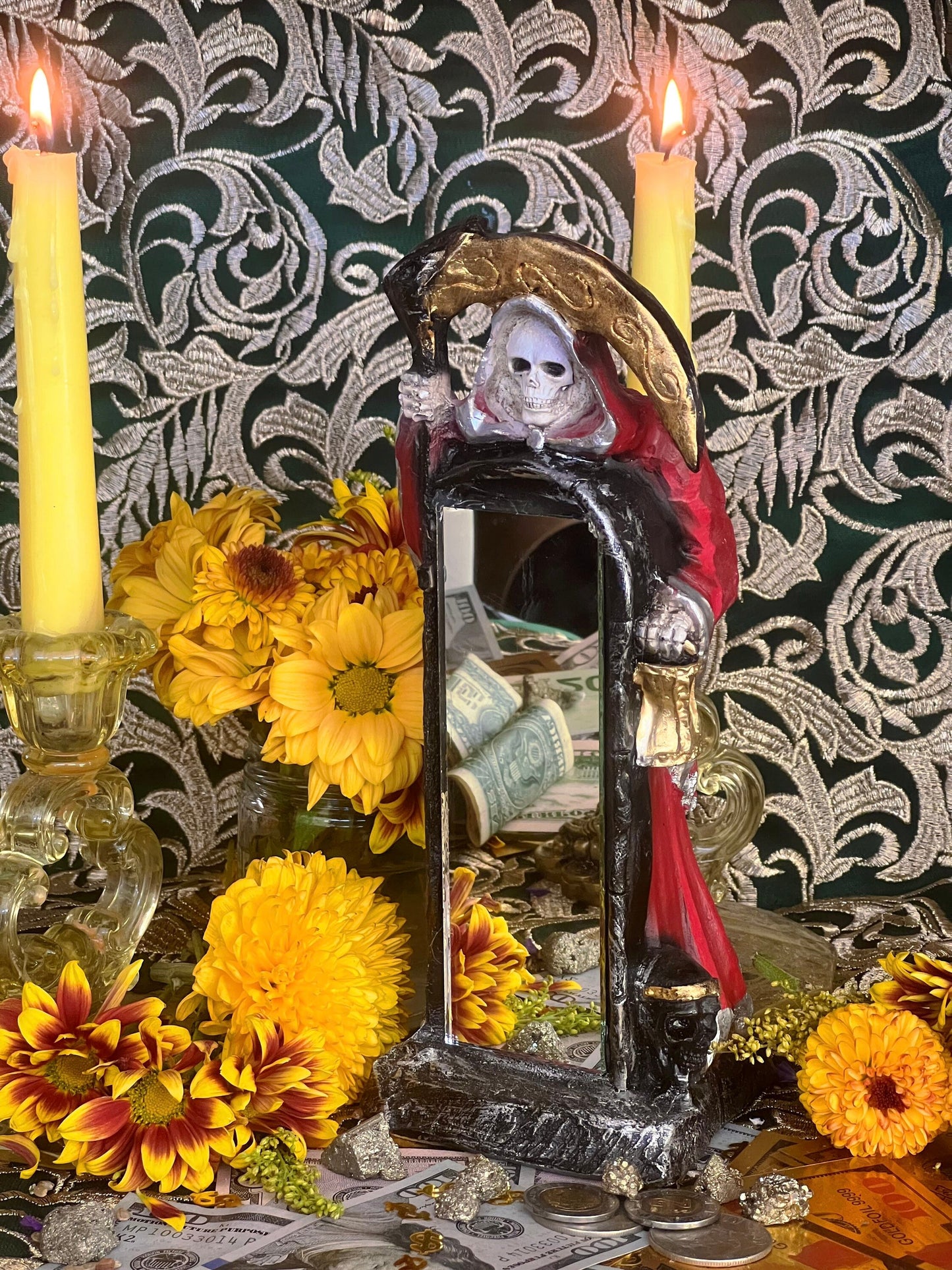 Santa Muerte Roja Reversing Mirror + Espejo + Baptized + Fixed + Made in Mexico