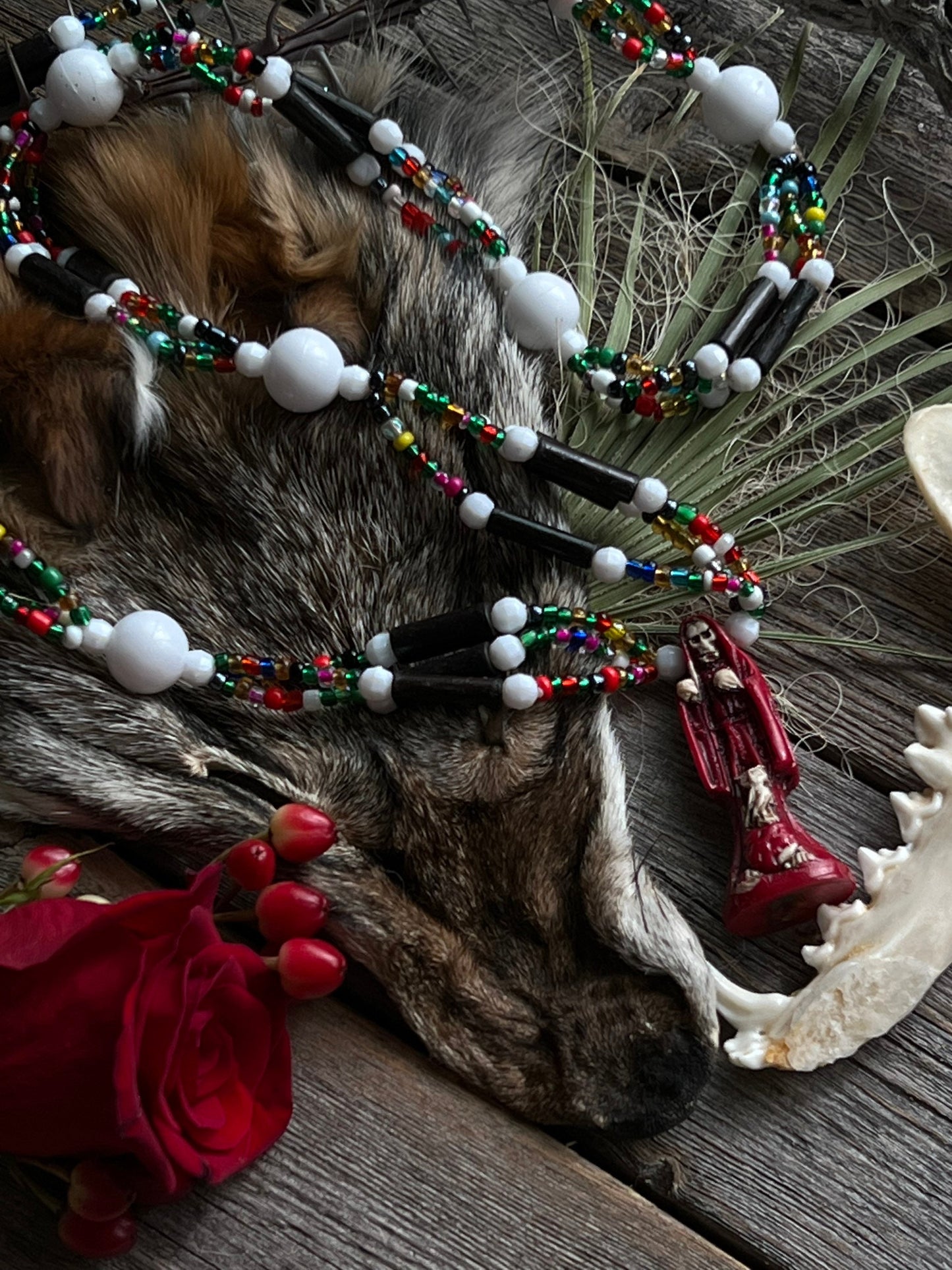 LAST ONE Santa Muerte Roja Beaded Necklace + Blessed + 4 Hilos + Protection + Made in Mexico