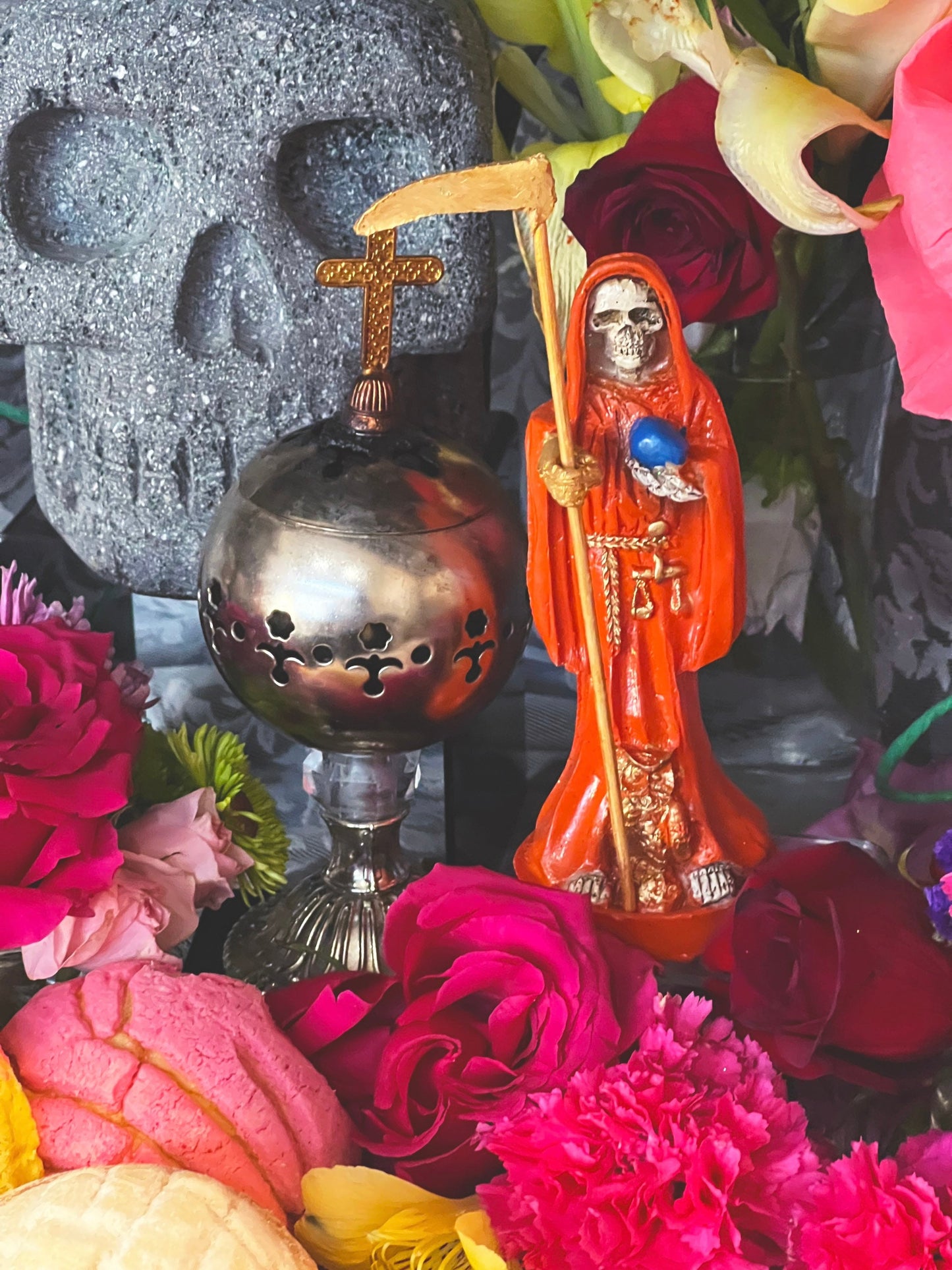 La Santa Muerte Naranja / Orange Statue with Dress + Fixed + Made in Mexico