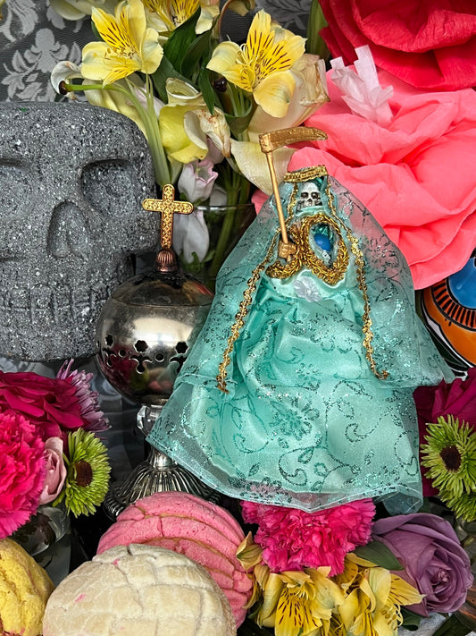 Santa Muerte Verde / Green Statue with Dress + Baptized + Fixed + Made in Mexico + 24K Gold Leaf on Scythe