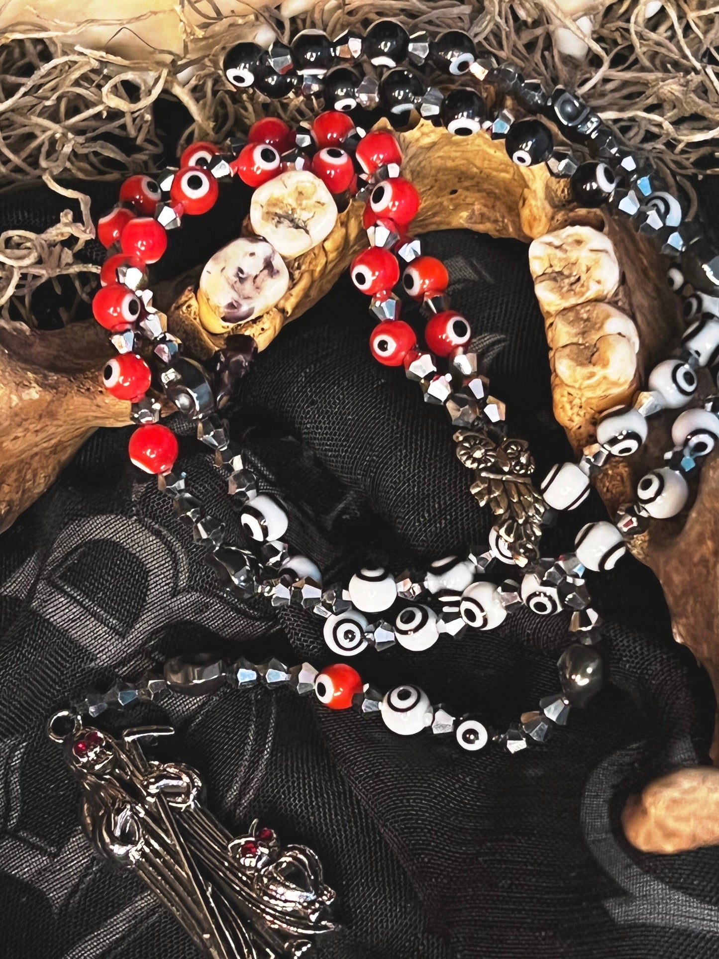 Santa Muerte Evil Eye Rosary de Hilo + Traditional Colors + Three Robes + Handcrafted + Rosario