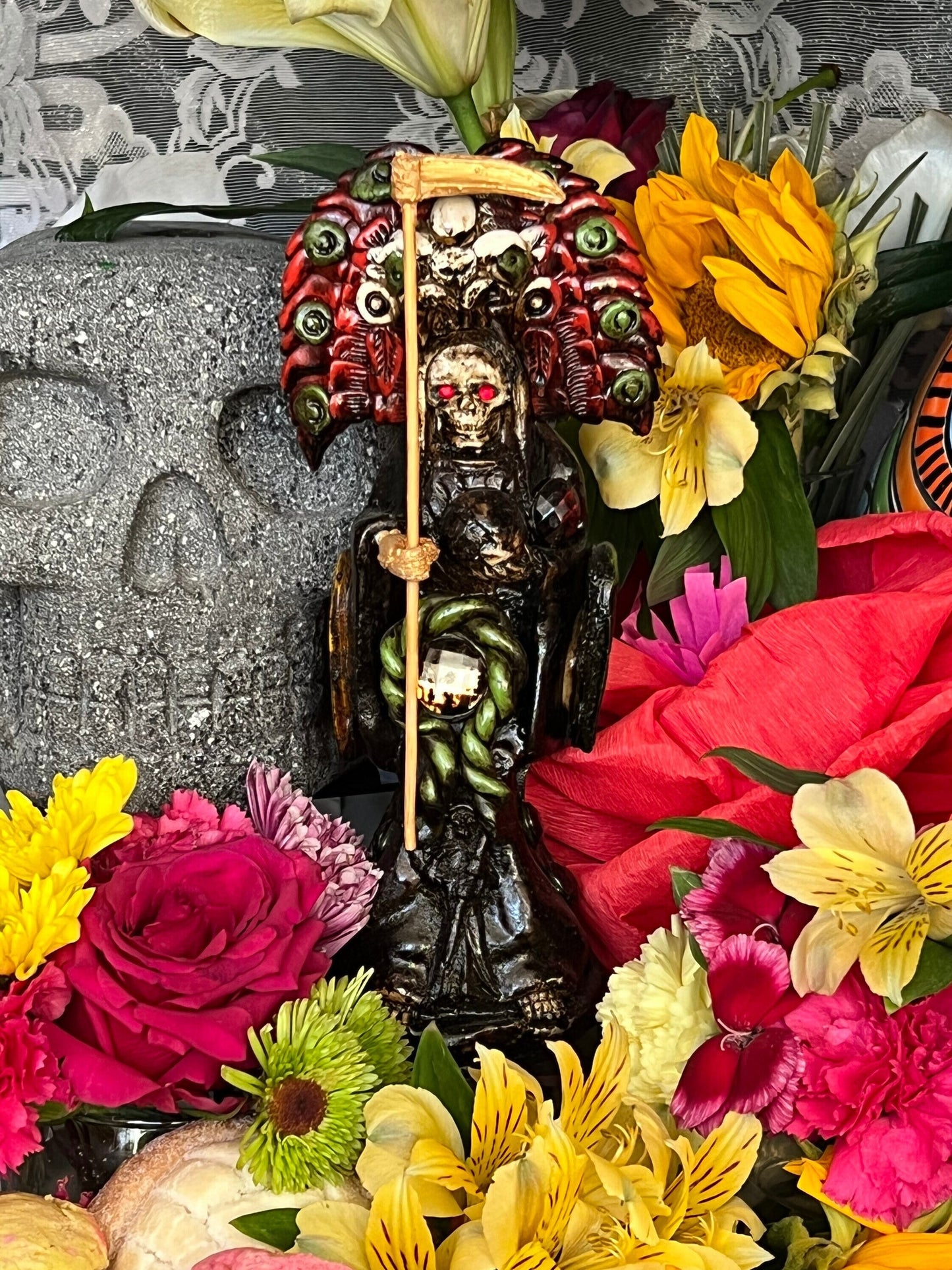 Santa Muerte Azteca Statue + 24K Gold + Baptized + Fixed + Made in Mexico + Aztek