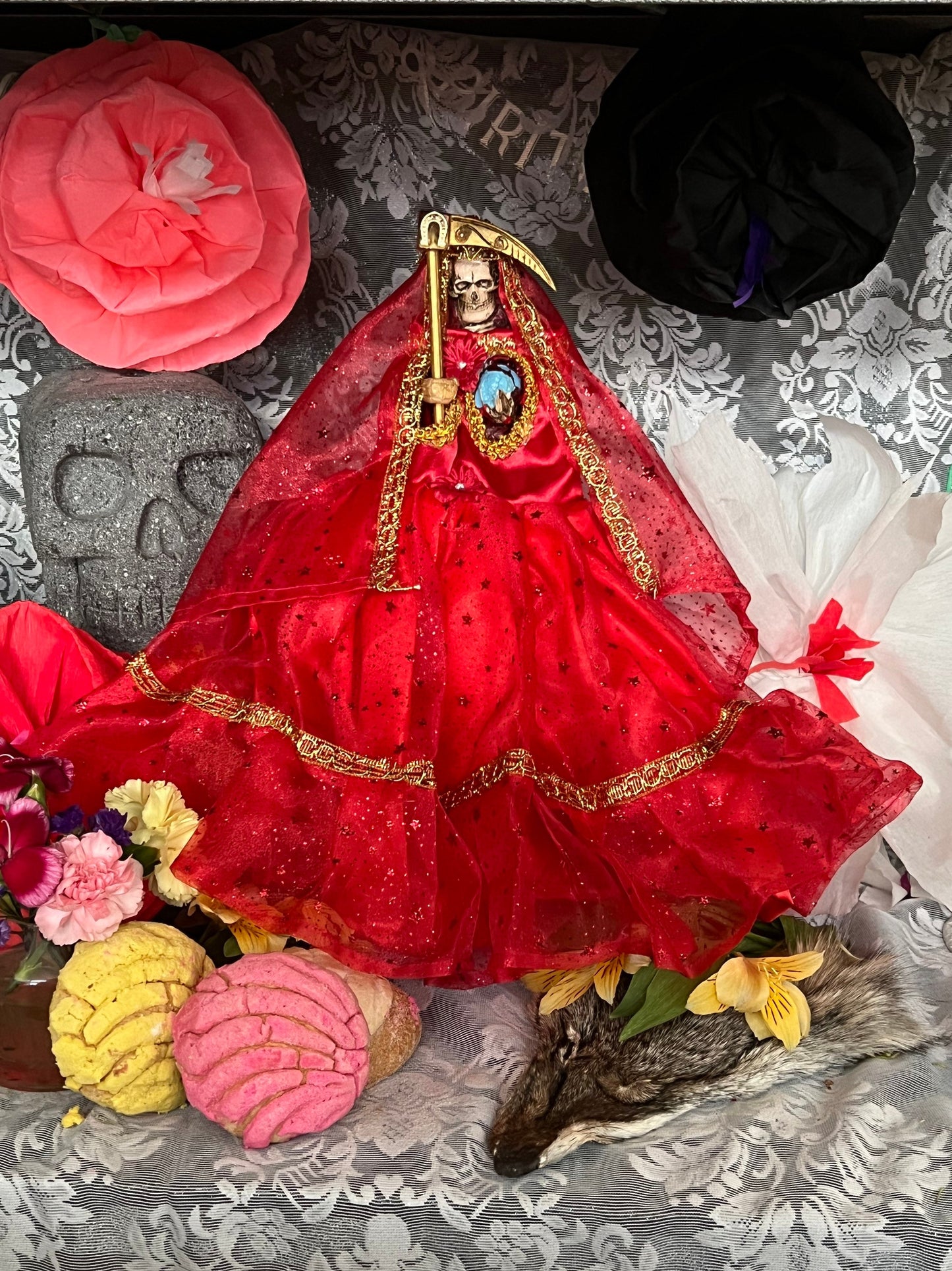 12” Santa Muerte Roja Statue with Dress + Baptized + Fixed + Made in Mexico + 24K Gold Leaf on Scythe