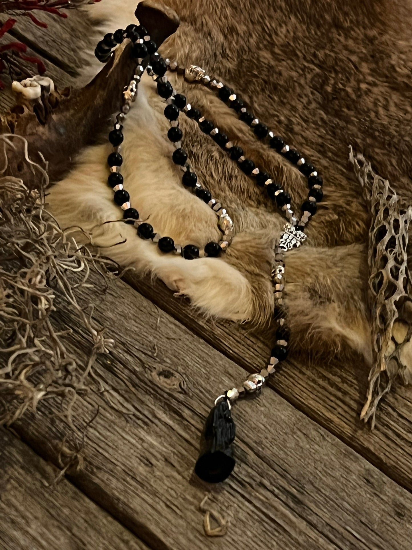 Santa Muerte Negra Rosary de Hilo + Obsidian + Gemstone + Handcrafted + Rosario