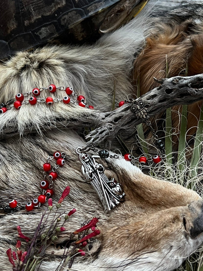 Rosário de fio do Mau-Olhado de Santa Muerte Roja + Corrente banhada a prata de lei + Artesanal + Rosario