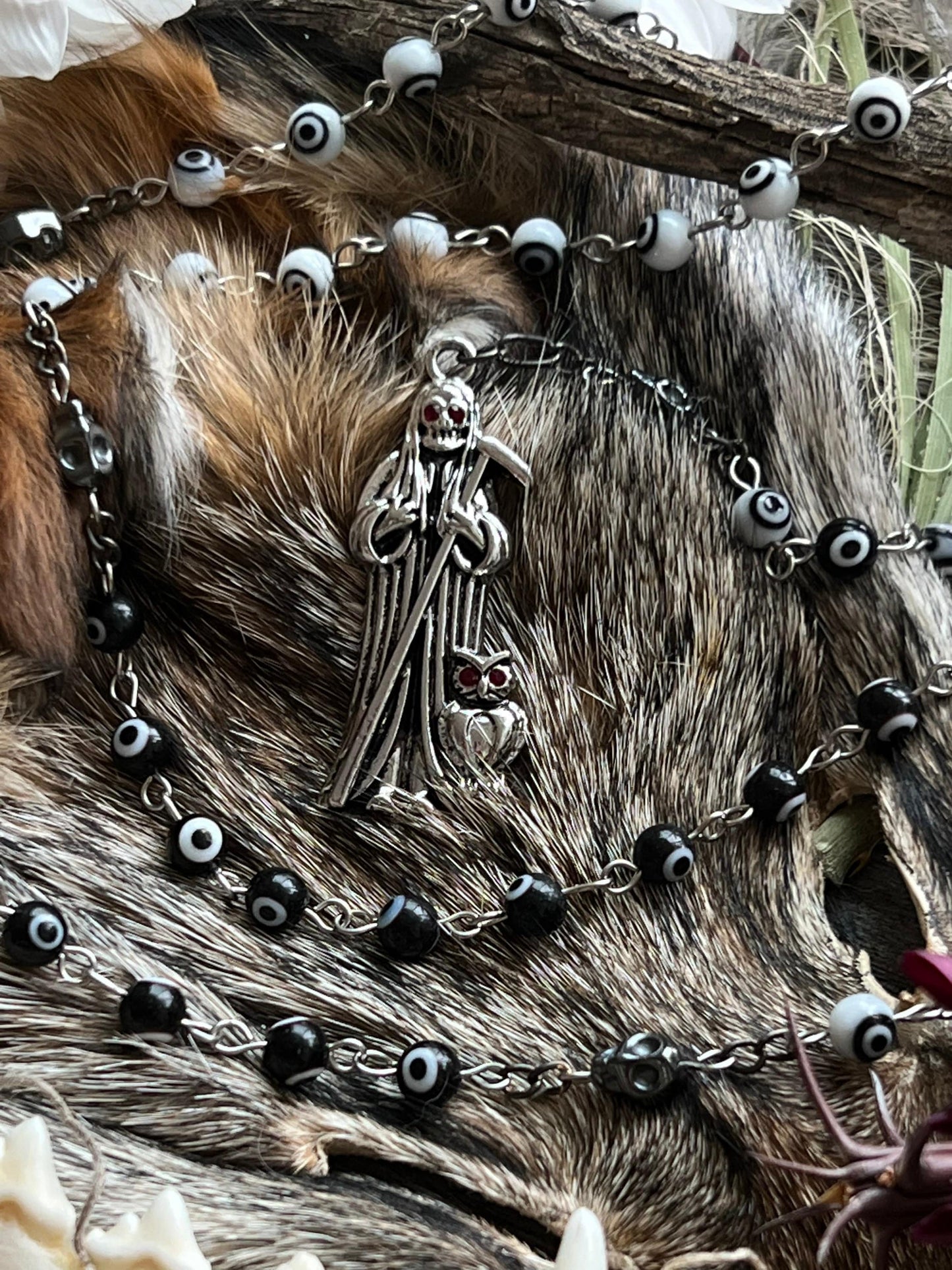 Santa Muerte Negra y Blanca Uncrossing Evil Eye Rosary + Blessed + Sterling Silver Plated Chain + Handcrafted + Rosario