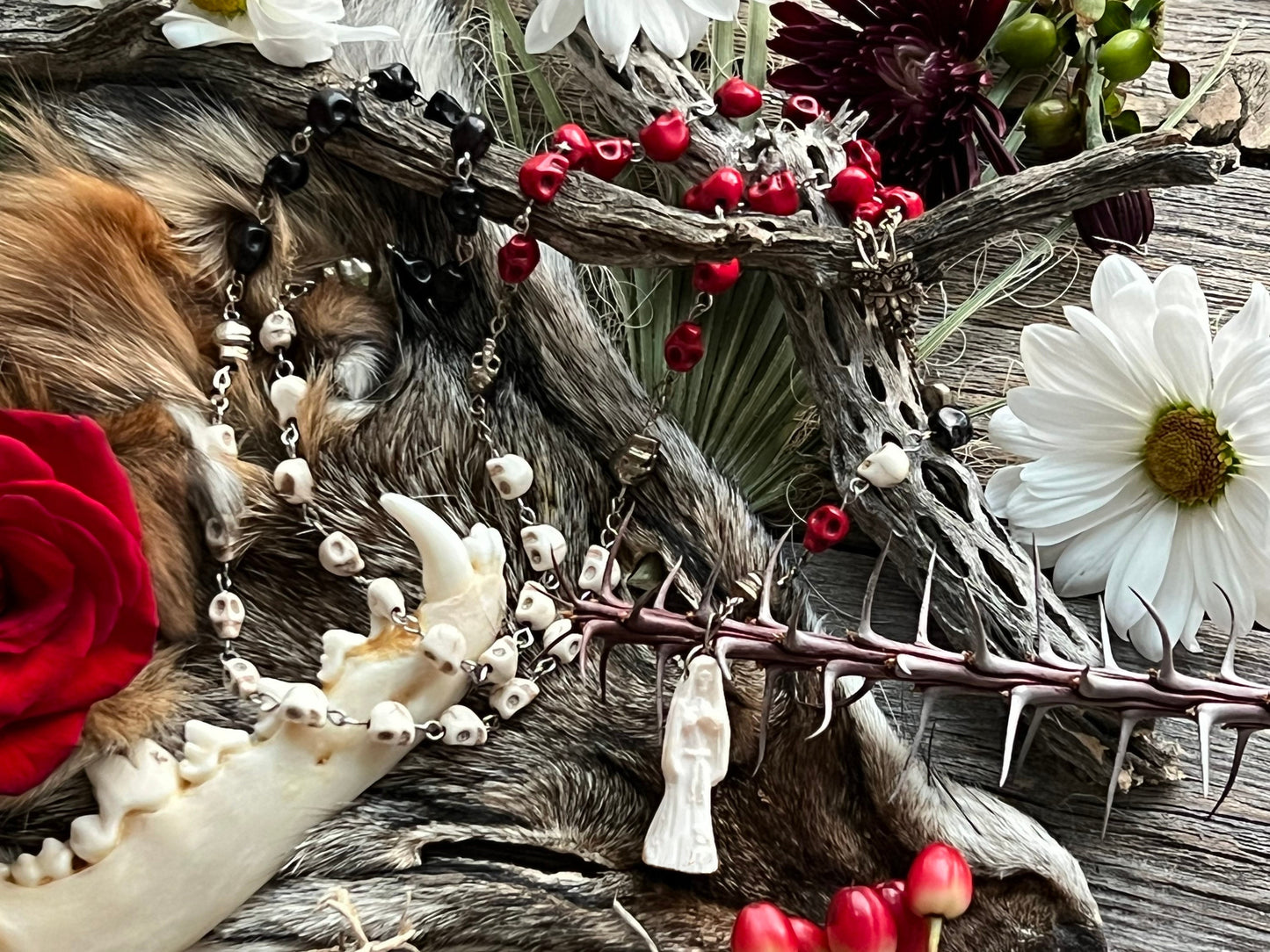 Santa Muerte Blanca Rosary + Three Robes + Sterling Silver Plated Chain + Traditional Colors + Blessed + Rosario
