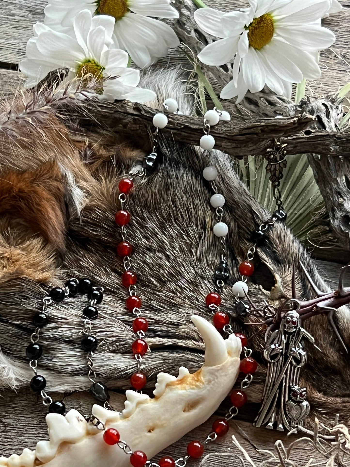 Santa Muerte Traditional Robes Rosary + Gemstone + Traditional Colors + Three Robes + Sterling Silver Plated Chain + Handcrafted + Rosario