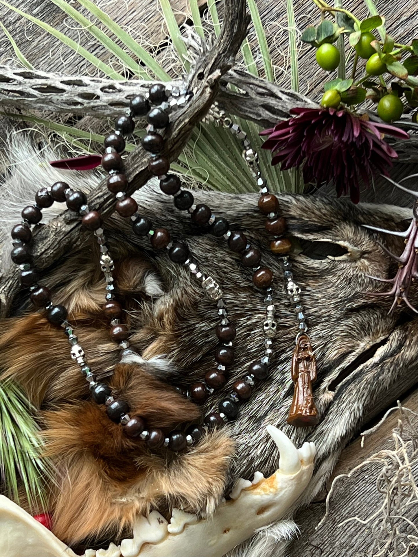 Santa Muerte Marron Rosary with Large Bone Beads +  Brown de Hilo + Handcrafted + Rosario