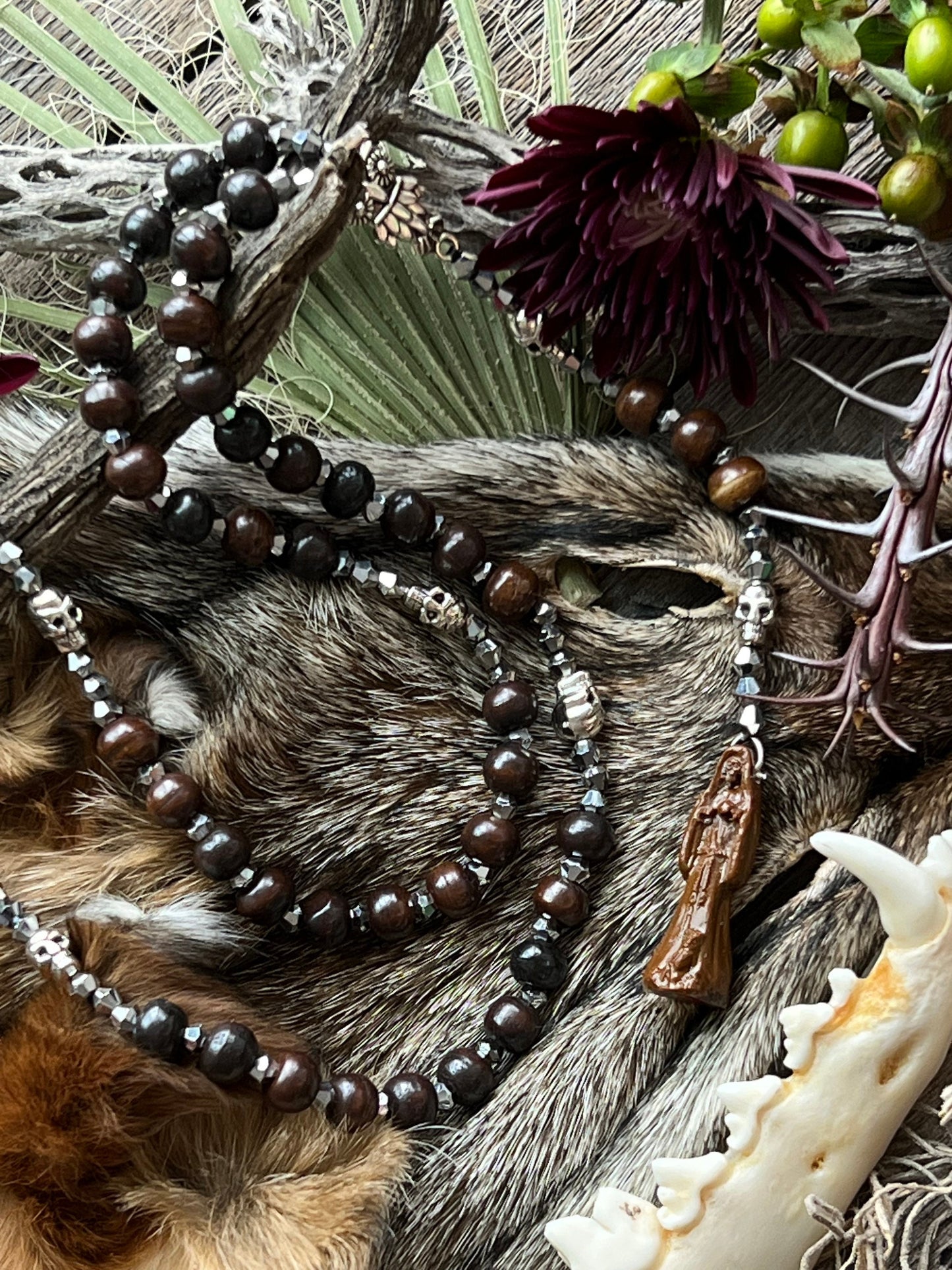 Santa Muerte Marron Rosary with Large Bone Beads +  Brown de Hilo + Handcrafted + Rosario