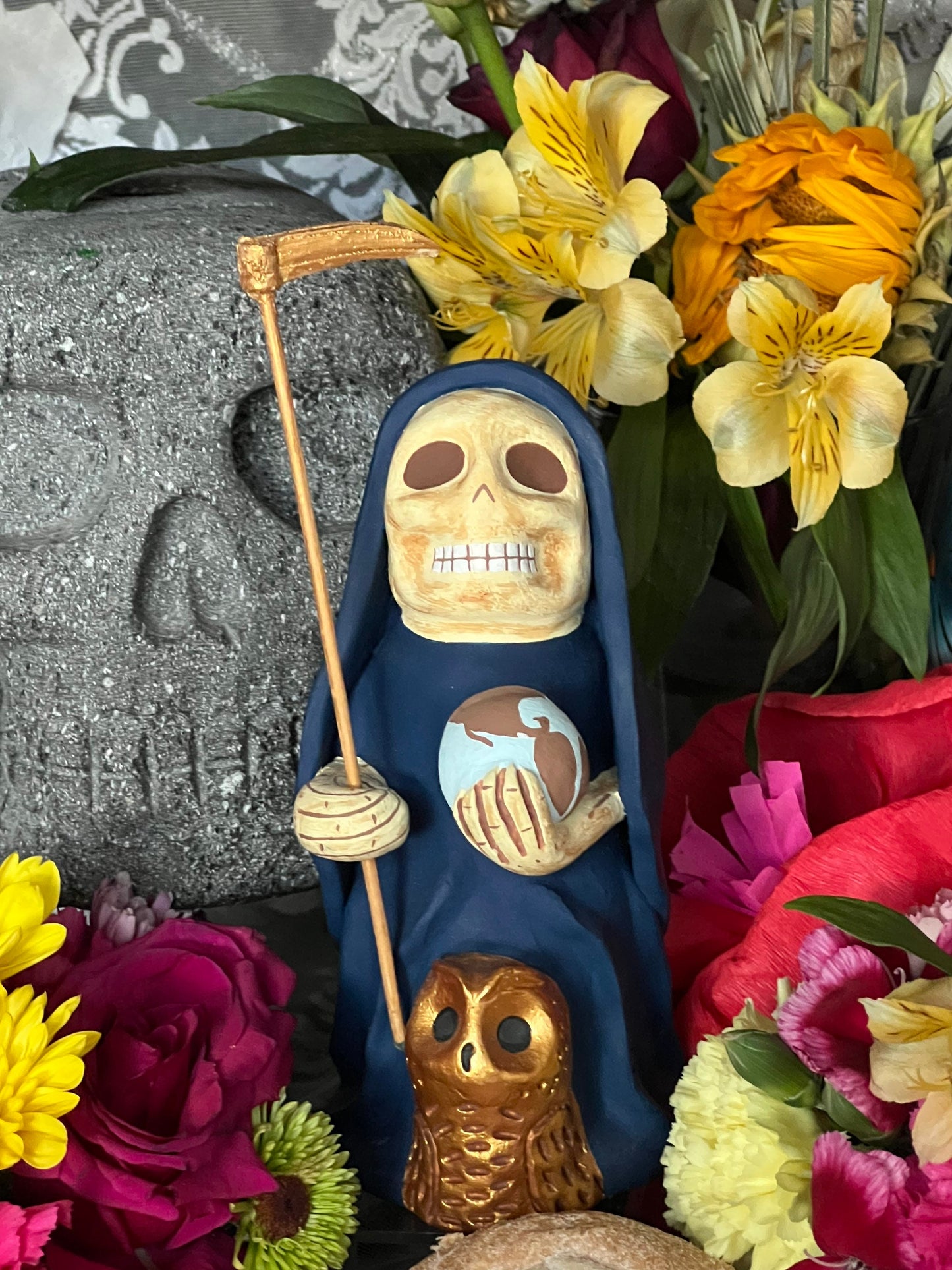 Santa Muerte Azul Statue + Blue + Mictecacihuatl + Mictlantecihuatl + Traditionally Handcrafted from Mexican Clay + One of a Kind