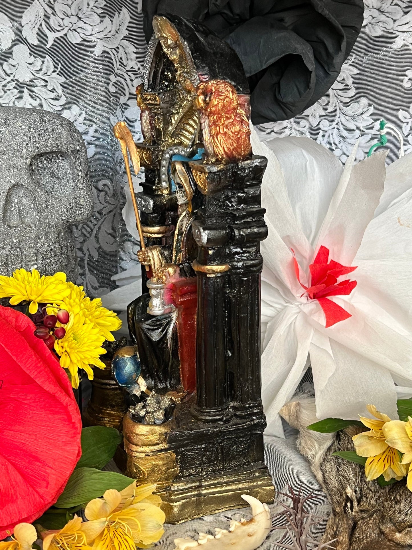 Santa Muerte Negra Statue + 14” + Fixed and Baptized on Feast Day + 24K Gold