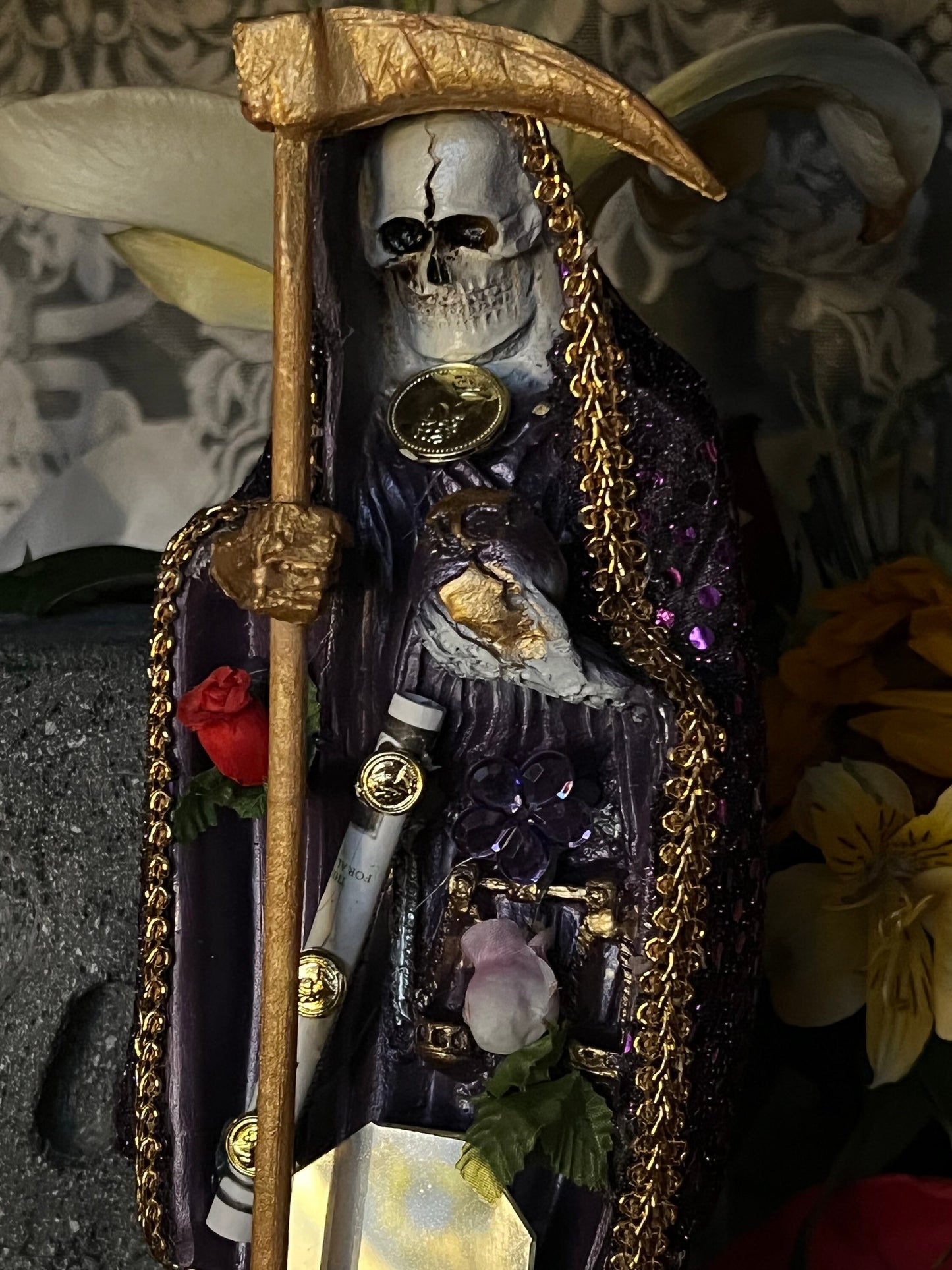 Santa Muerte Morada Statue + 12” + Fixed and Baptized on Feast Day on Feast Day + 24K Gold