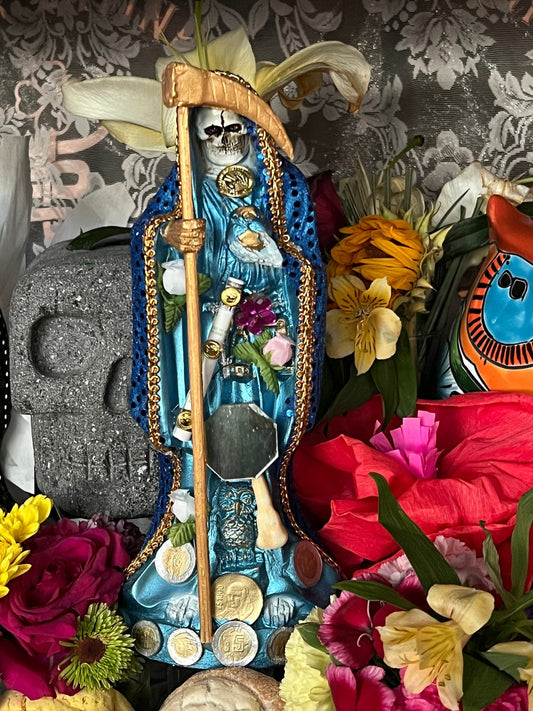 Santa Muerte Azul Statue + 12” + Fixed and Baptized on Feast Day on Feast Day + 24K Gold