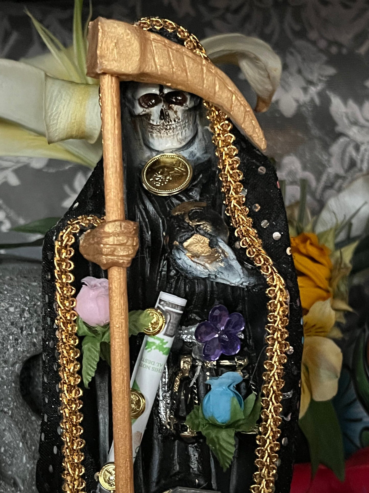 Santa Muerte Negra Statue + 12” + Fixed and Baptized on Feast Day + Protection + Binding + 24K Gold