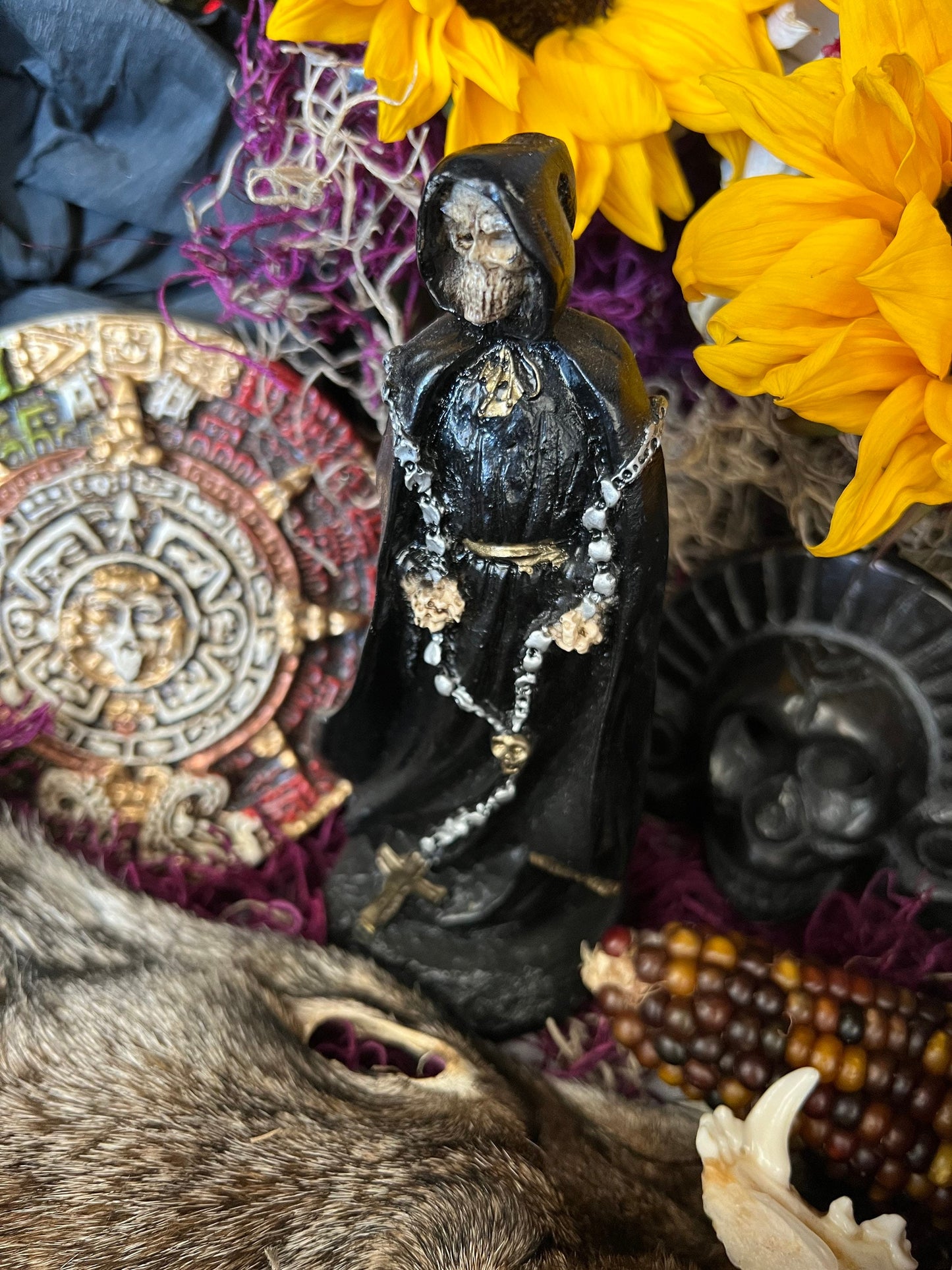 Santa Muerte Negra Rosary Statue + Baptized + Fixed + Made in Mexico + Rosario
