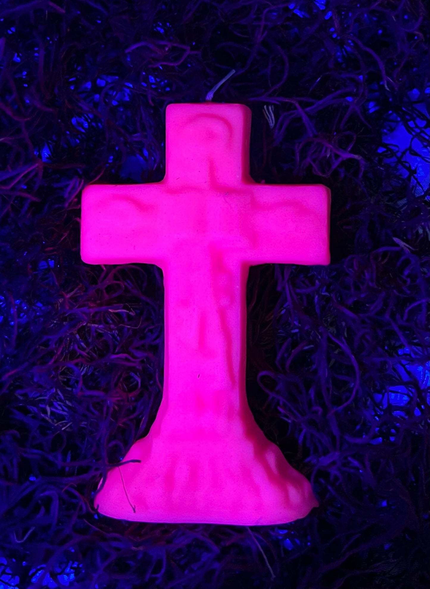 Neon Crucifix Candle + Cross + Hoodoo + Conjure + Glows Under Blacklight