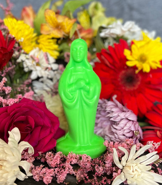 6” Neon Praying Mary Candle + Blessings + Spirituality + Glows under Blacklight