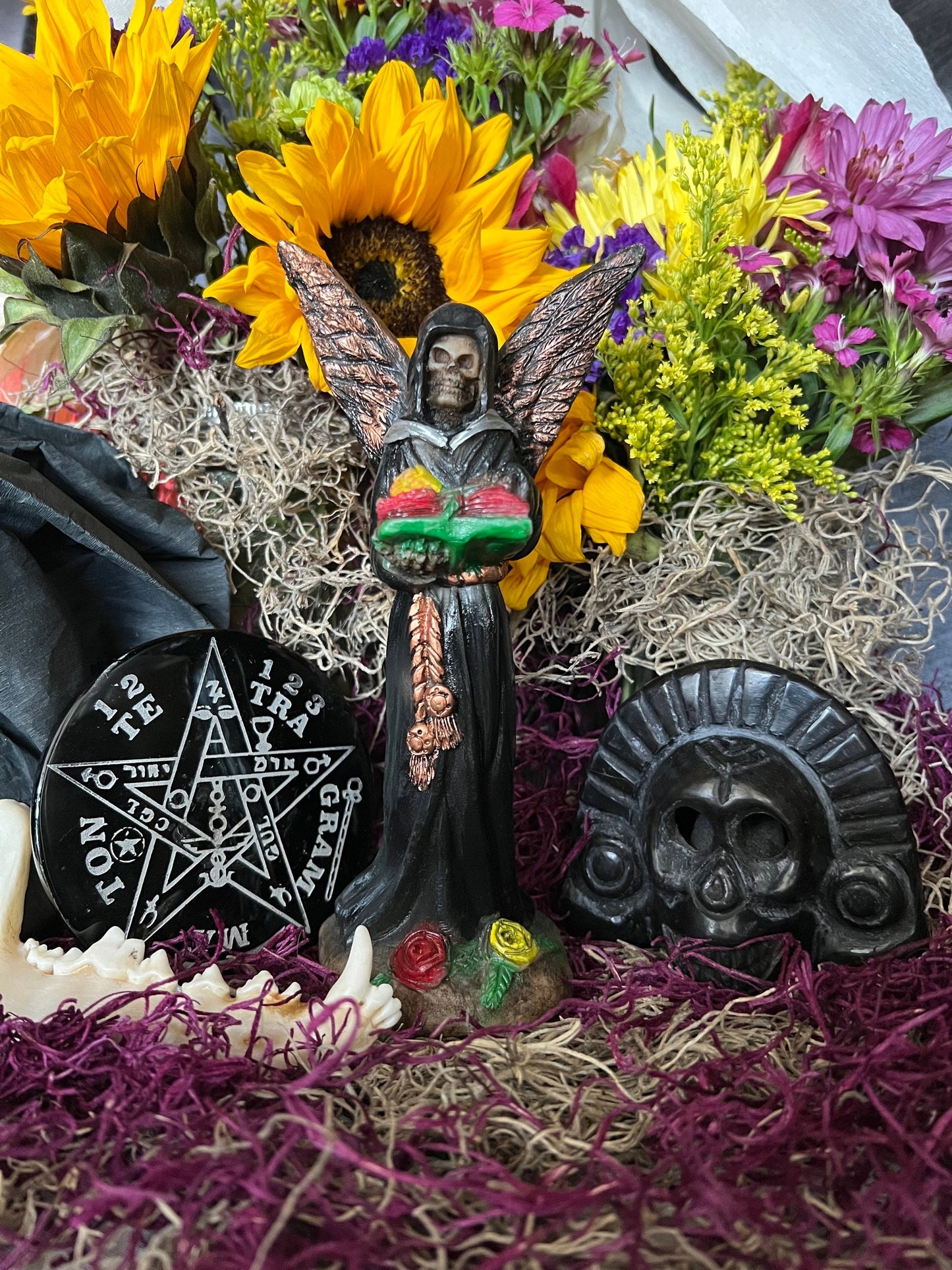 Santa Muerte Negra with Copper Wings Statue + Baptized + Fixed + Made in Mexico