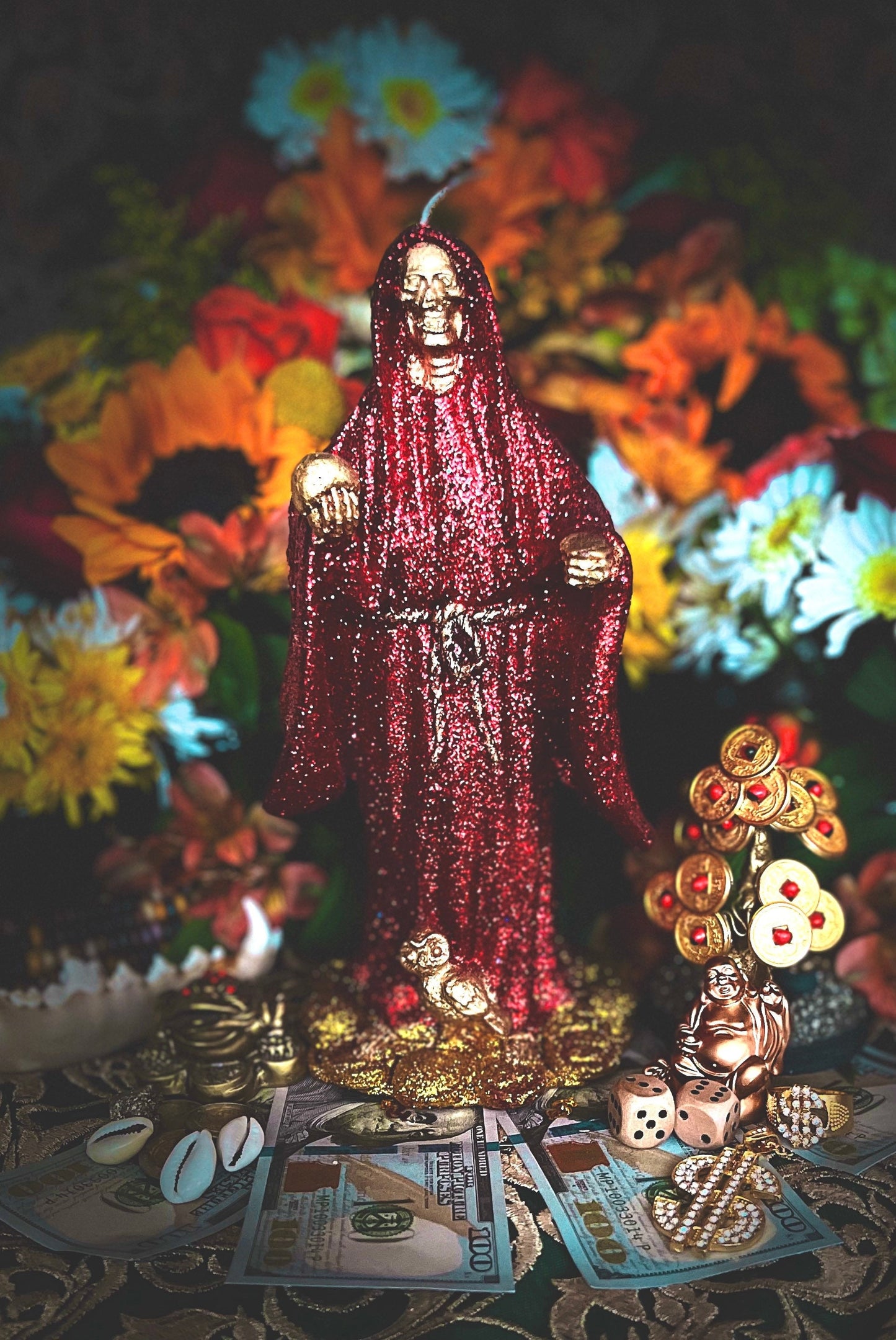 Bougie figure Santa Muerte Roja + Or 24 carats + Baptisé + Bienheureux + Fixé