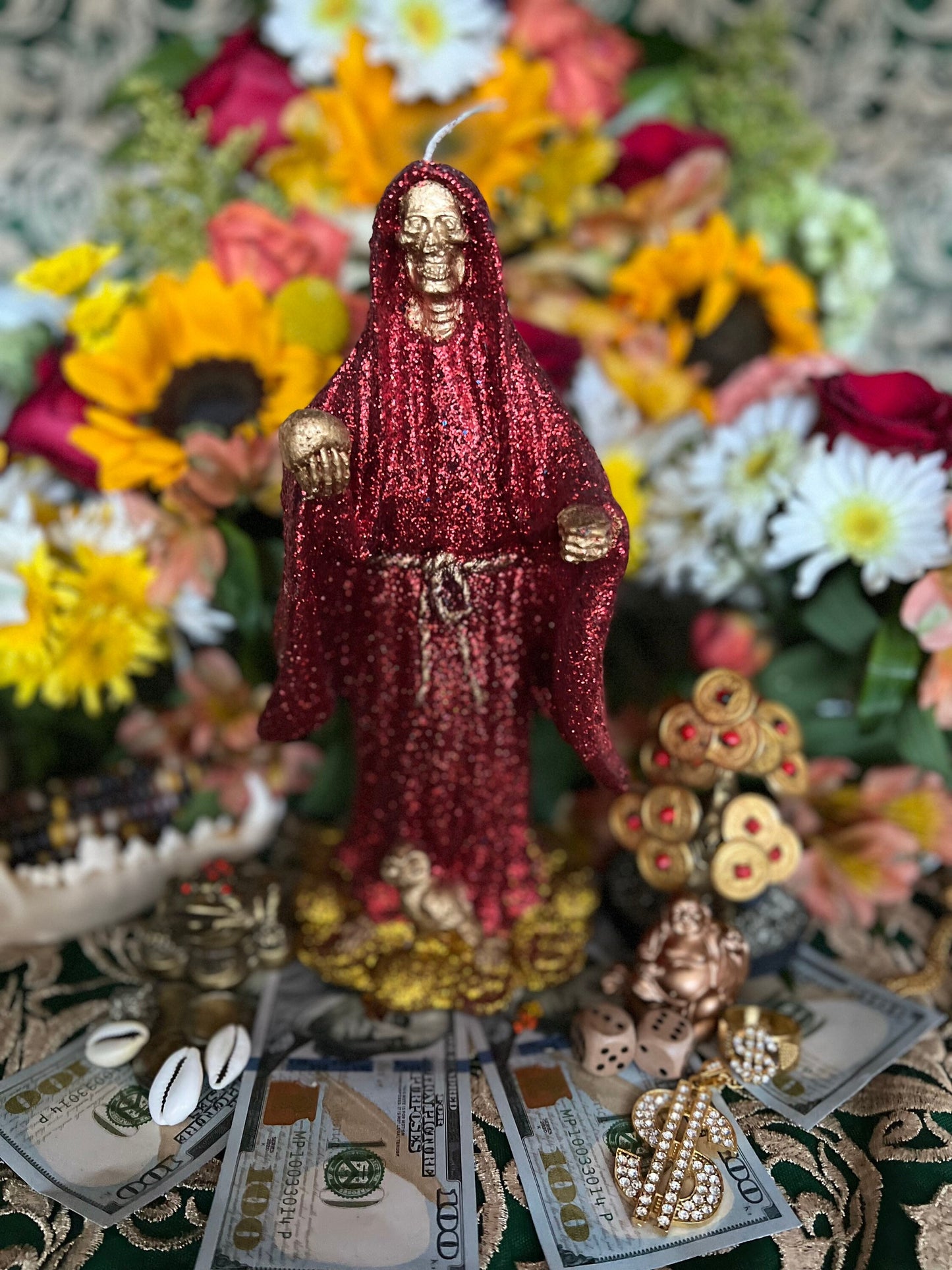 Bougie figure Santa Muerte Roja + Or 24 carats + Baptisé + Bienheureux + Fixé