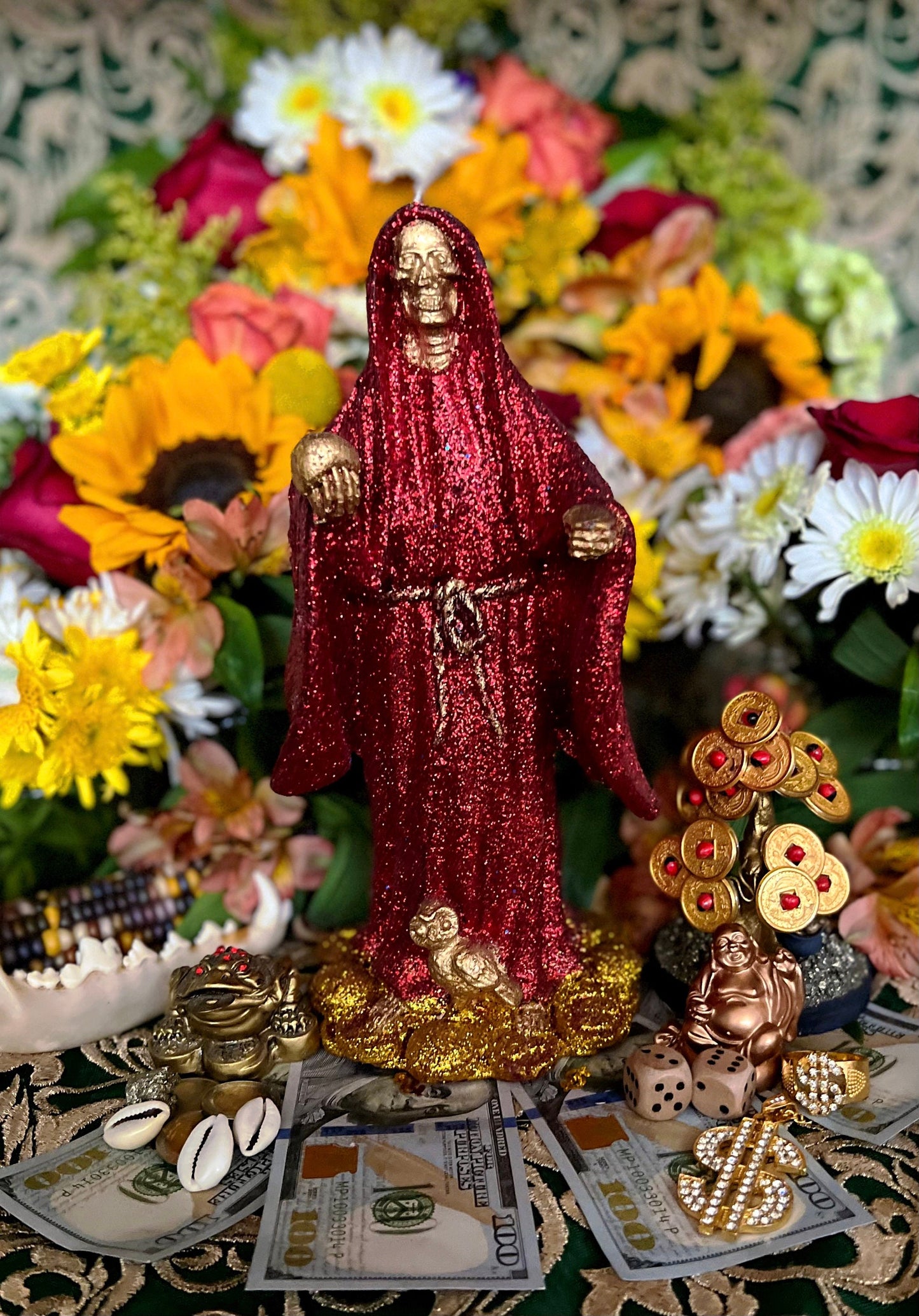 Bougie figure Santa Muerte Roja + Or 24 carats + Baptisé + Bienheureux + Fixé